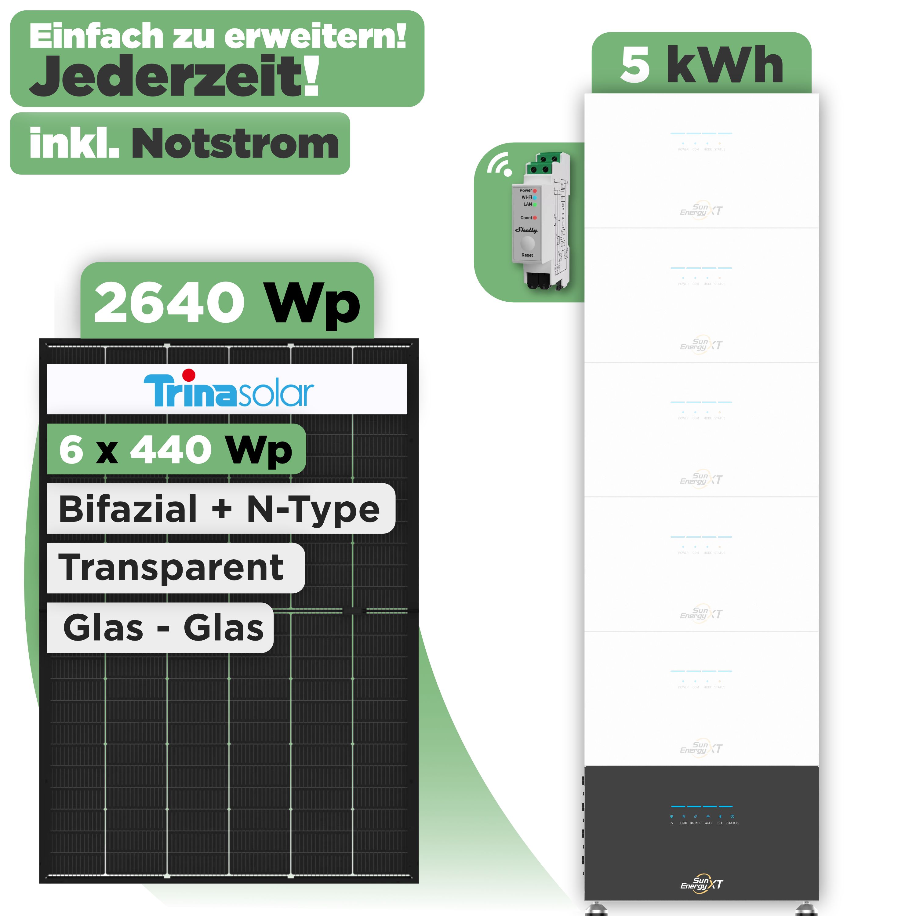SunEnergyXT 500 Modulset 2640 Wp SunEnergyXT 500 (800 W) / 5 kWh / Shelly 3EM Pro / Trina 440 Wp / 6 Module