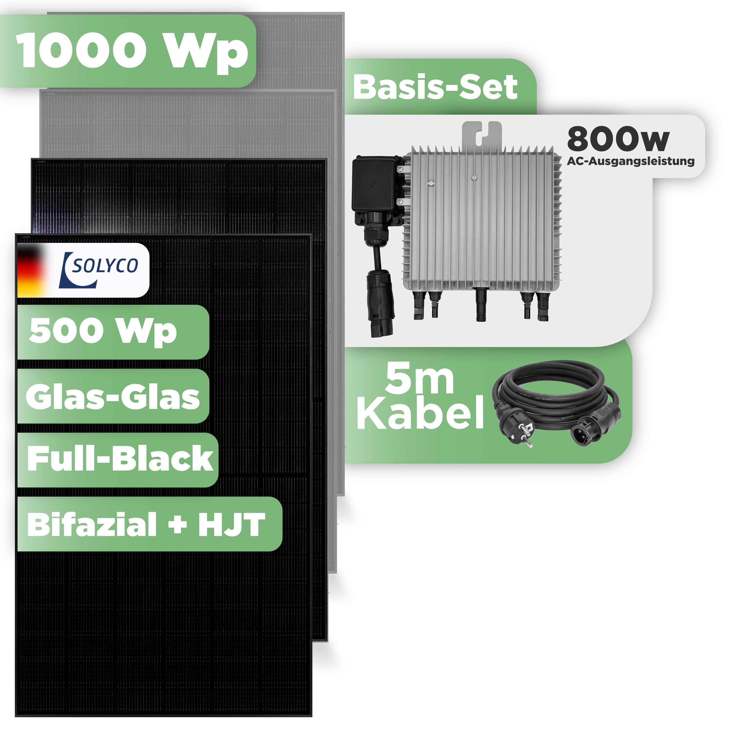 Balkonkraftwerk Basic Set 1000 Wp Solyco 500 Wp Glas-Glas Fullblack-Modul Bifazial / 2 Module / Deye 800 W / Schuko Stecker