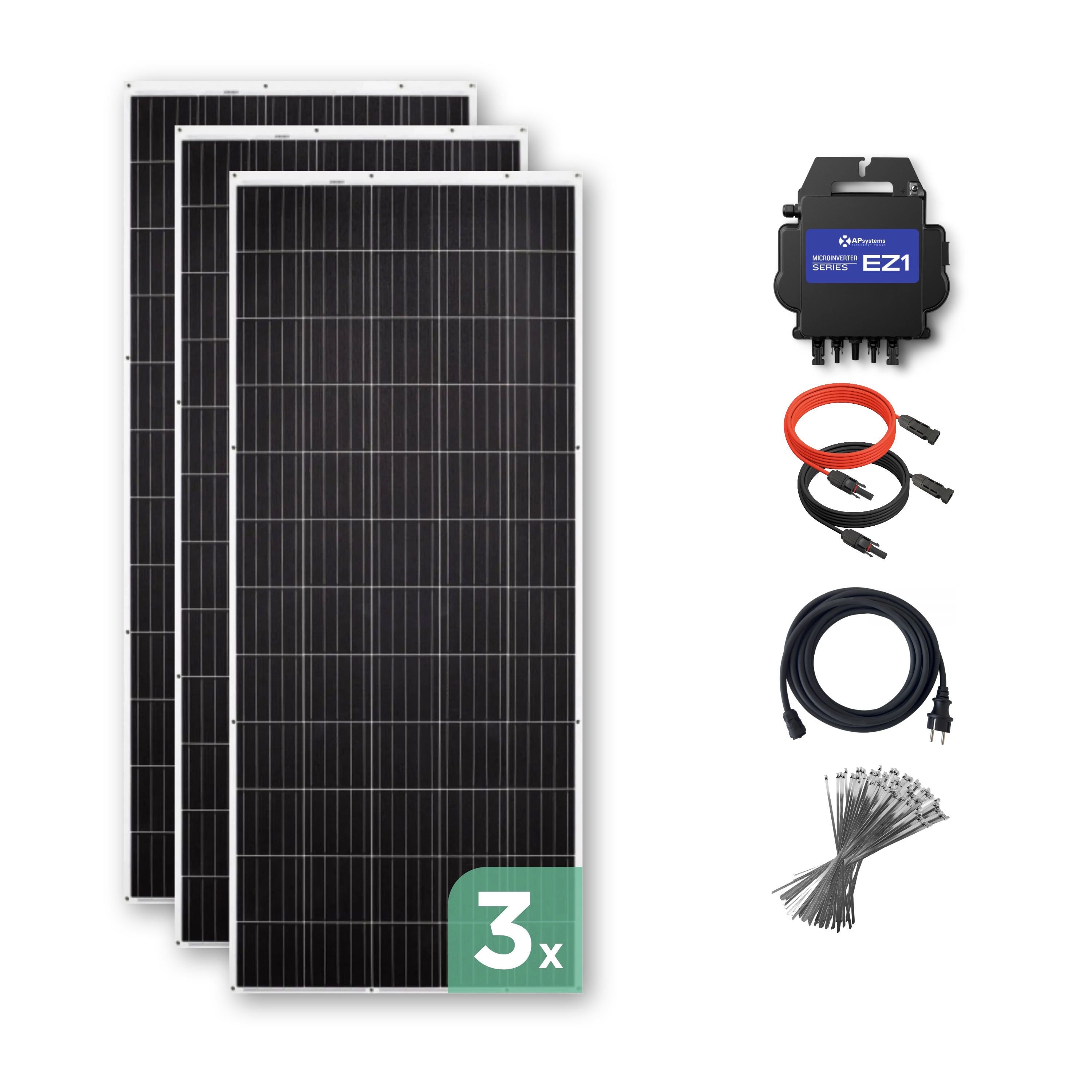 Balkonkraftwerk mit Ultraleicht-Modulen 930 Wp — APsystems EZ1-M 800 W / Sunman / 310 Wp (89 cm x 201 cm) / 3 Module / 20 m
