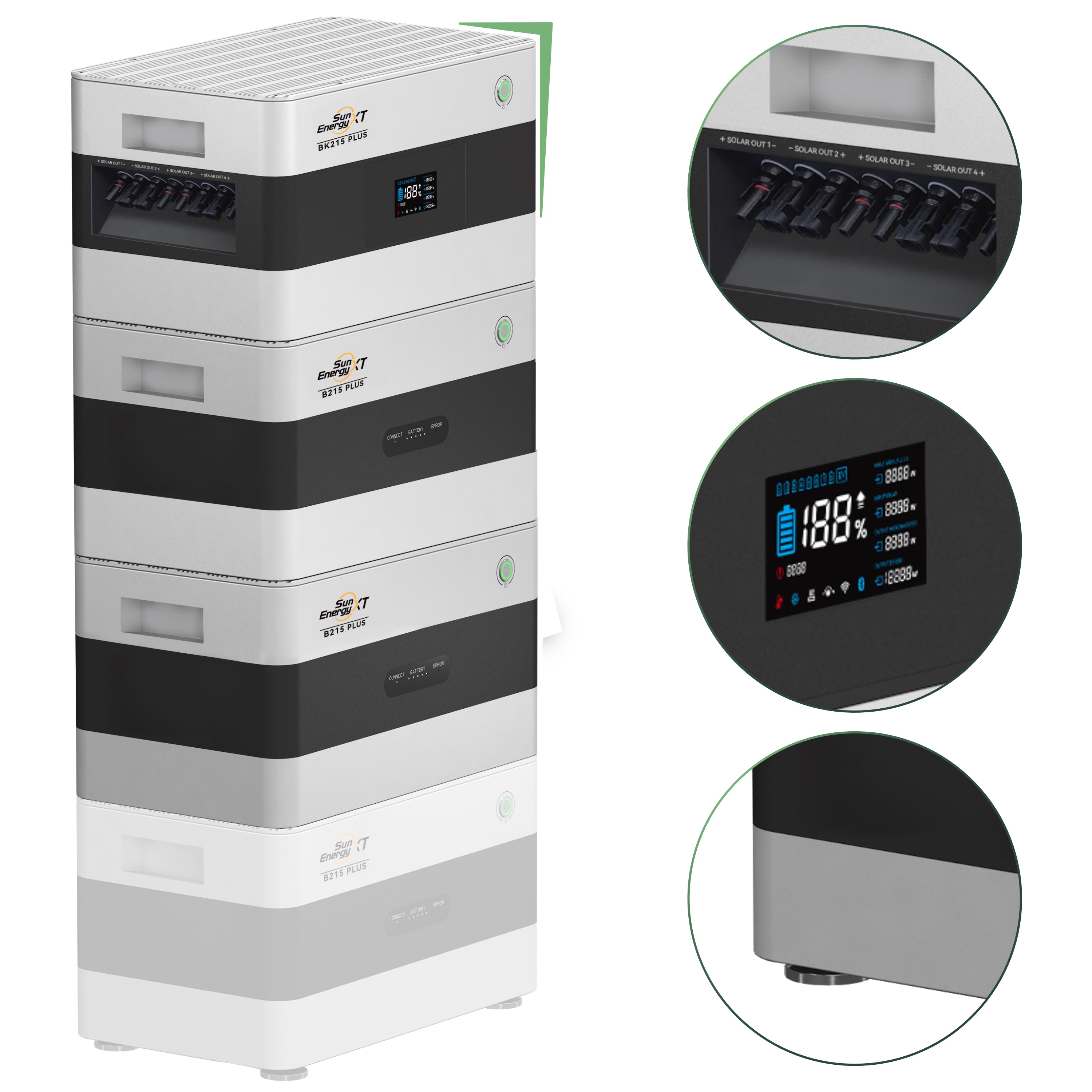 Balkonkraftwerk Set 2000 Wp — SunEnergyXT Plus / 6,45 kWh / Solyco 500 Wp Glas-Glas Fullblack-Modul Bifazial / 4 Module / Deye 800 W / Wieland Stecker / 10 m