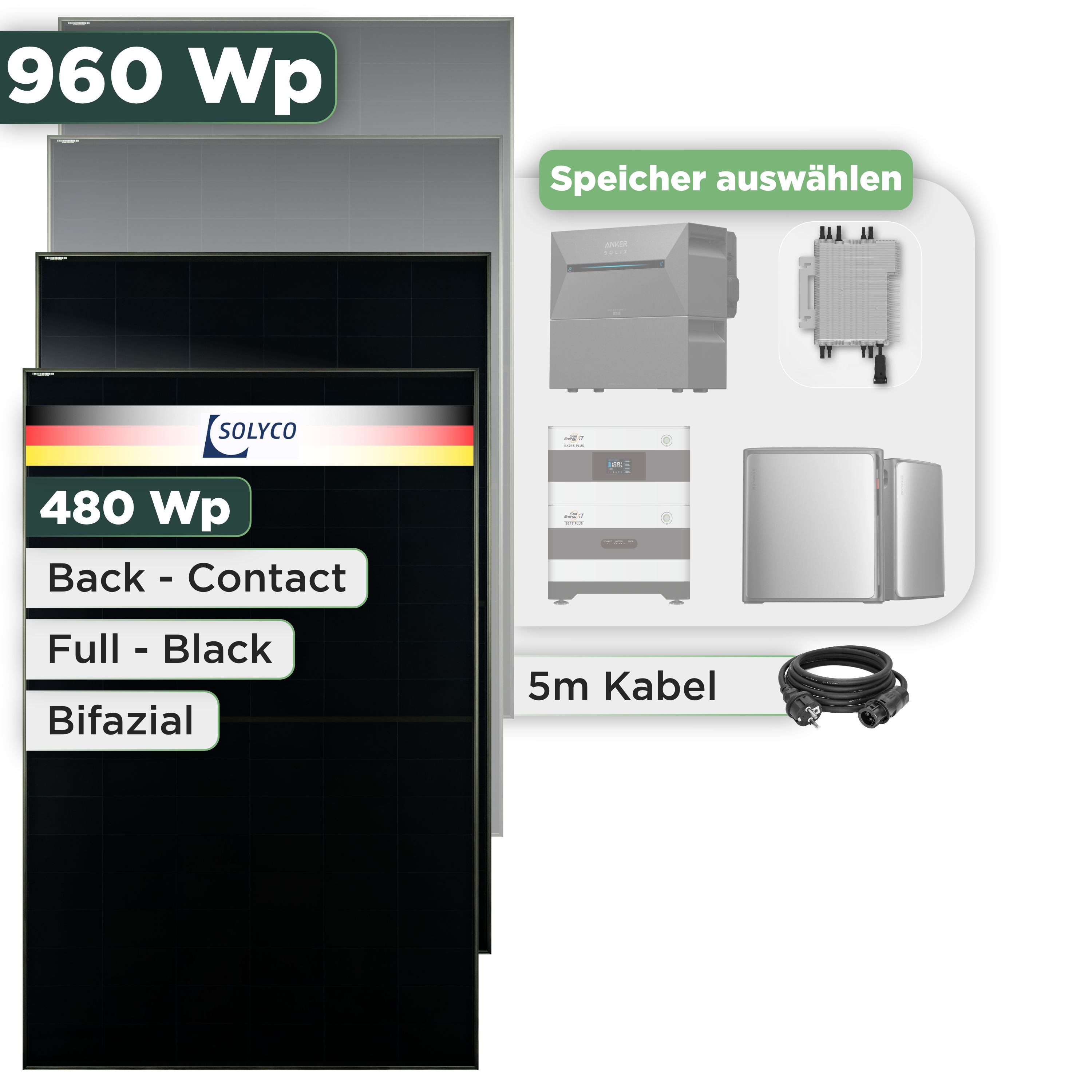 Balkonkraftwerk Set 960 Wp Solyco 480 Wp Glas-Glas Fullblack Back Contact Modul / 2 Module / Deye 2000 W / Schuko Stecker