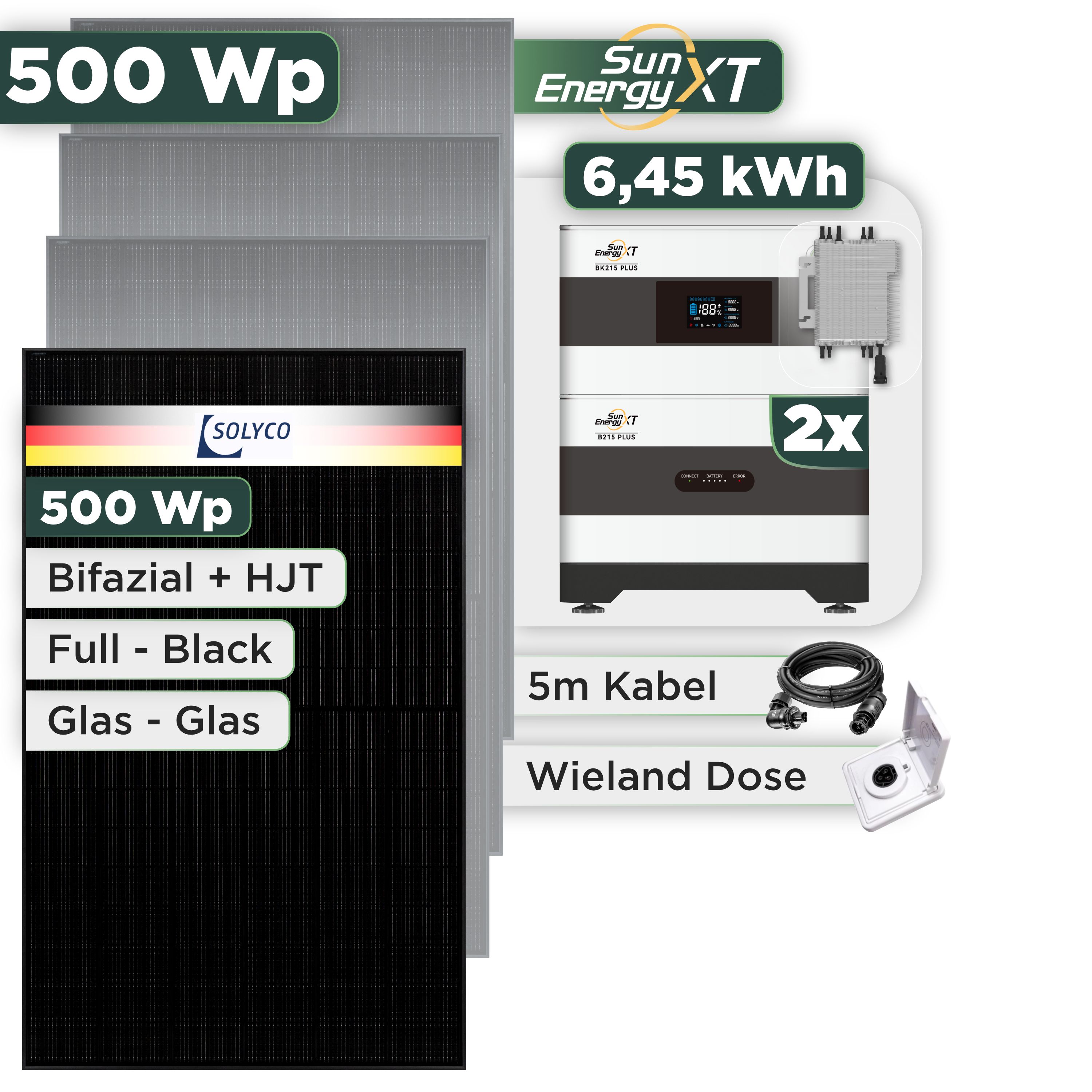 Balkonkraftwerk Set 500 Wp SunEnergyXT Plus / 6,45 kWh / Solyco 500 Wp Glas-Glas Fullblack-Modul Bifazial / 1 Modul / Deye 2000 W / Wieland Stecker + Dose