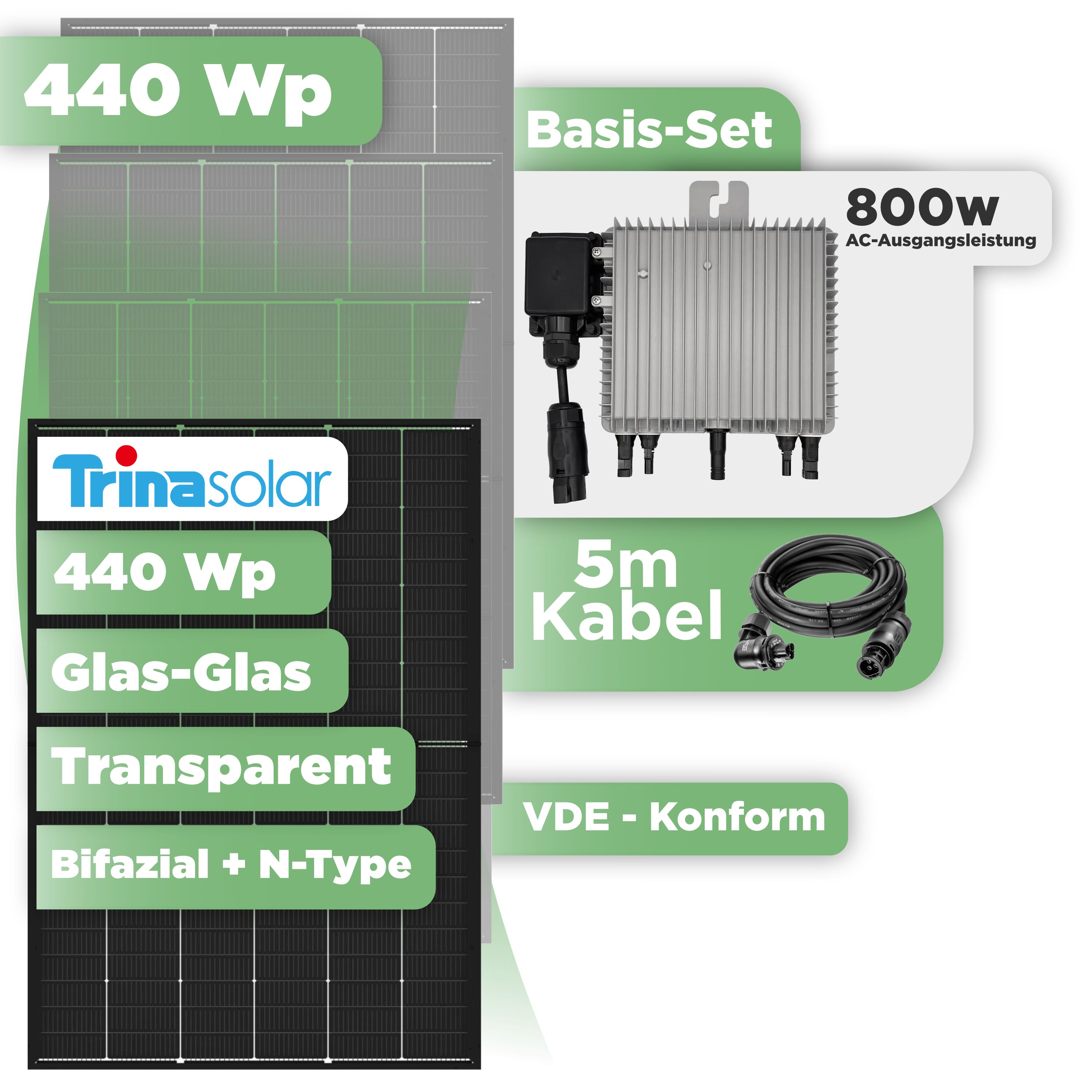 Balkonkraftwerk Basic Set 440 Wp Trina 440 Wp Glas-Glas Bifazial Modul / 1 Modul / Deye 800 W / Wieland Stecker