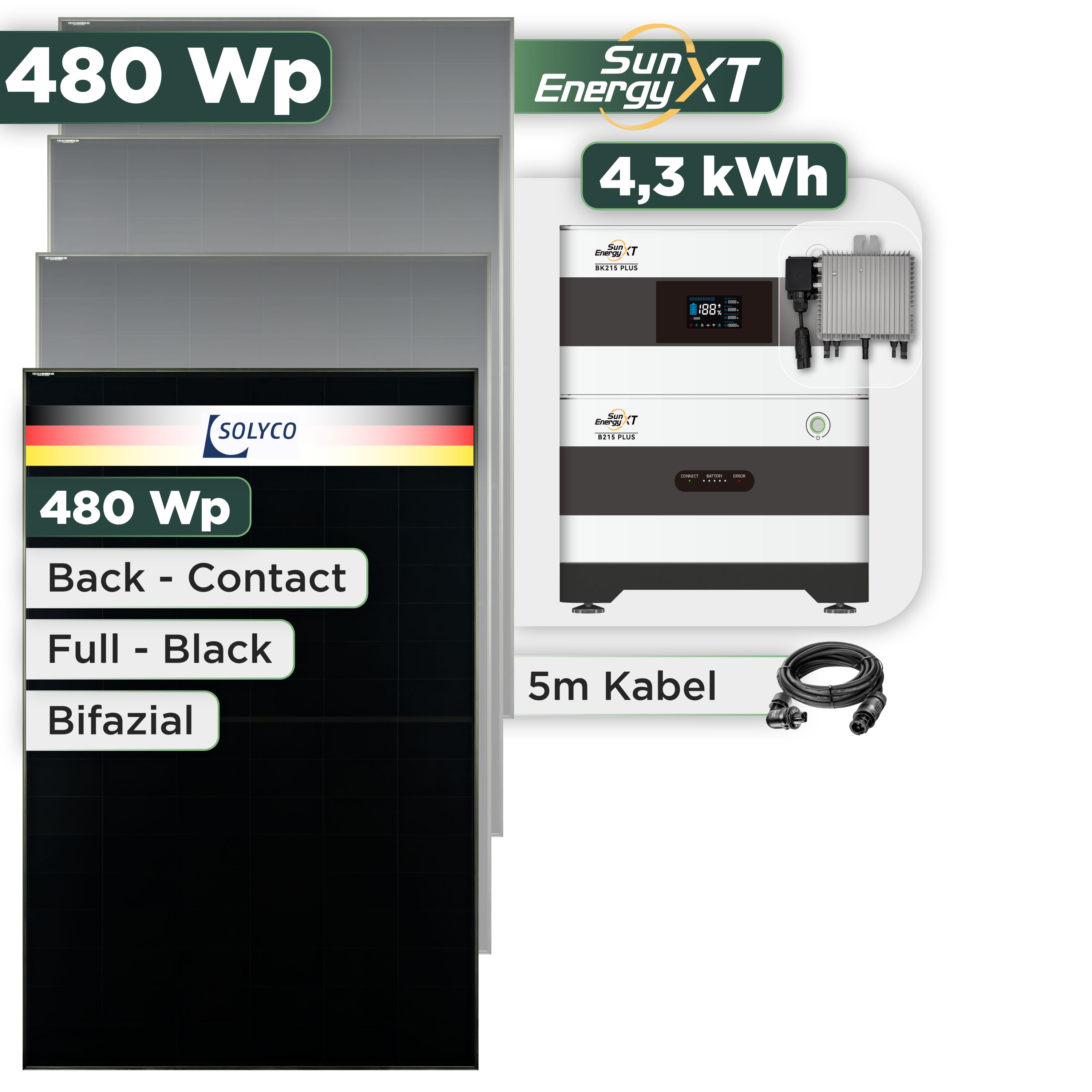 Balkonkraftwerk Set 480 Wp SunEnergyXT Plus / 4,3 kWh / Solyco 480 Wp Glas-Glas Fullblack Back Contact Modul / 1 Modul / Deye 800 W / Wieland Stecker