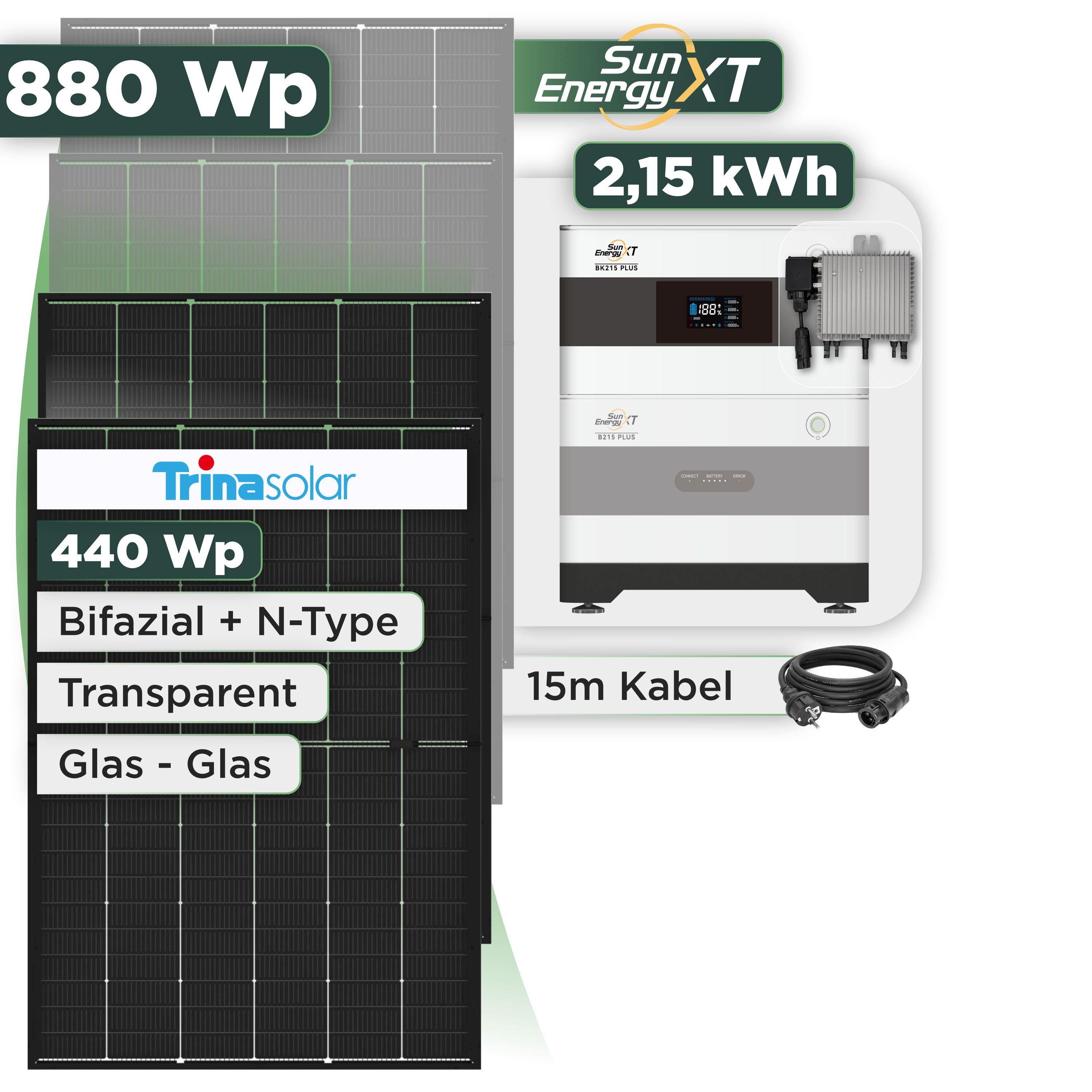Balkonkraftwerk Set 880 Wp — SunEnergyXT Plus / 2,15 kWh / Trina 440 Wp Glas-Glas Bifazial Modul / 2 Module / Deye 800 W / Schuko Stecker / 15 m