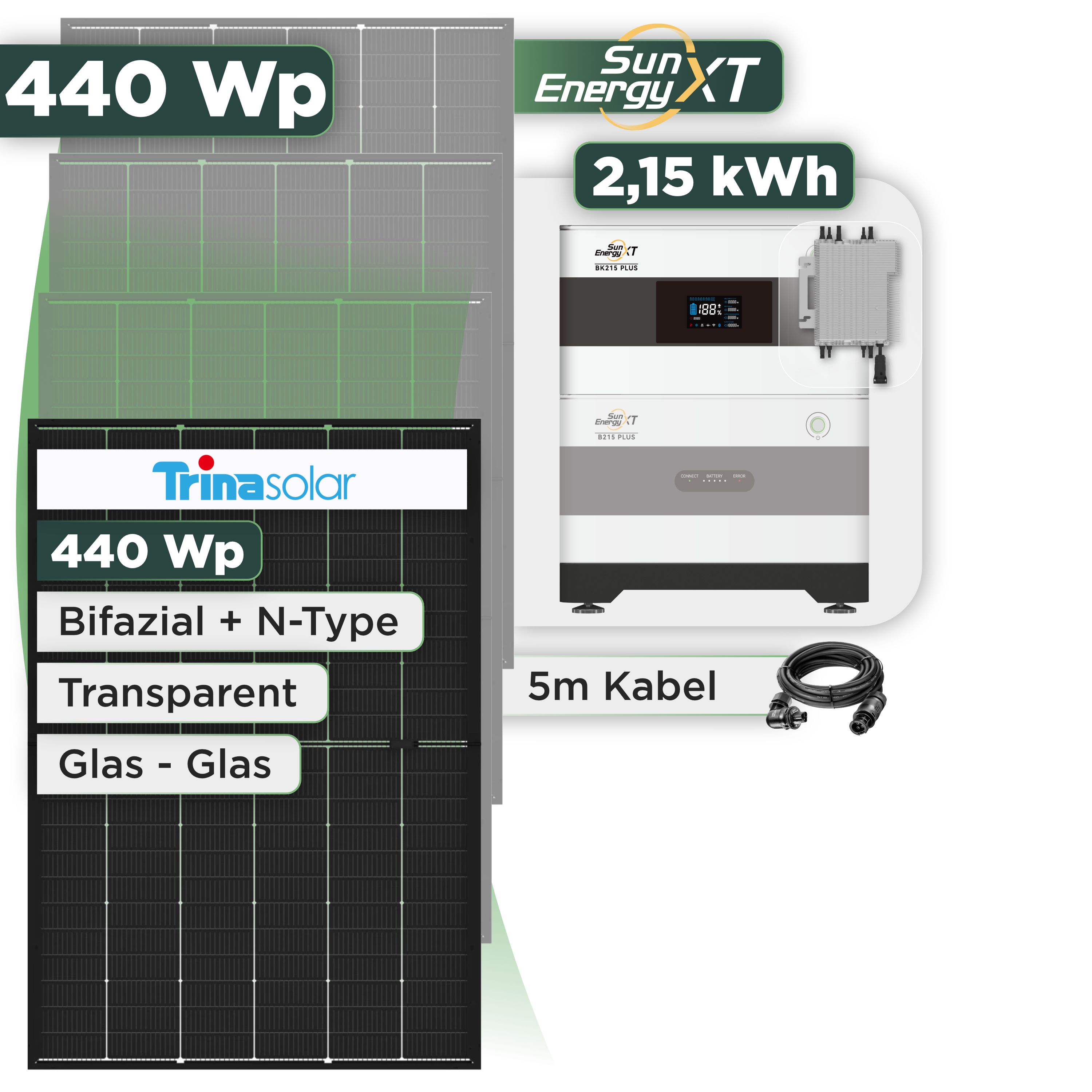 Balkonkraftwerk Set 440 Wp SunEnergyXT Plus / 2,15 kWh / Trina 440 Wp Glas-Glas Bifazial Modul / 1 Modul / Deye 2000 W / Wieland Stecker