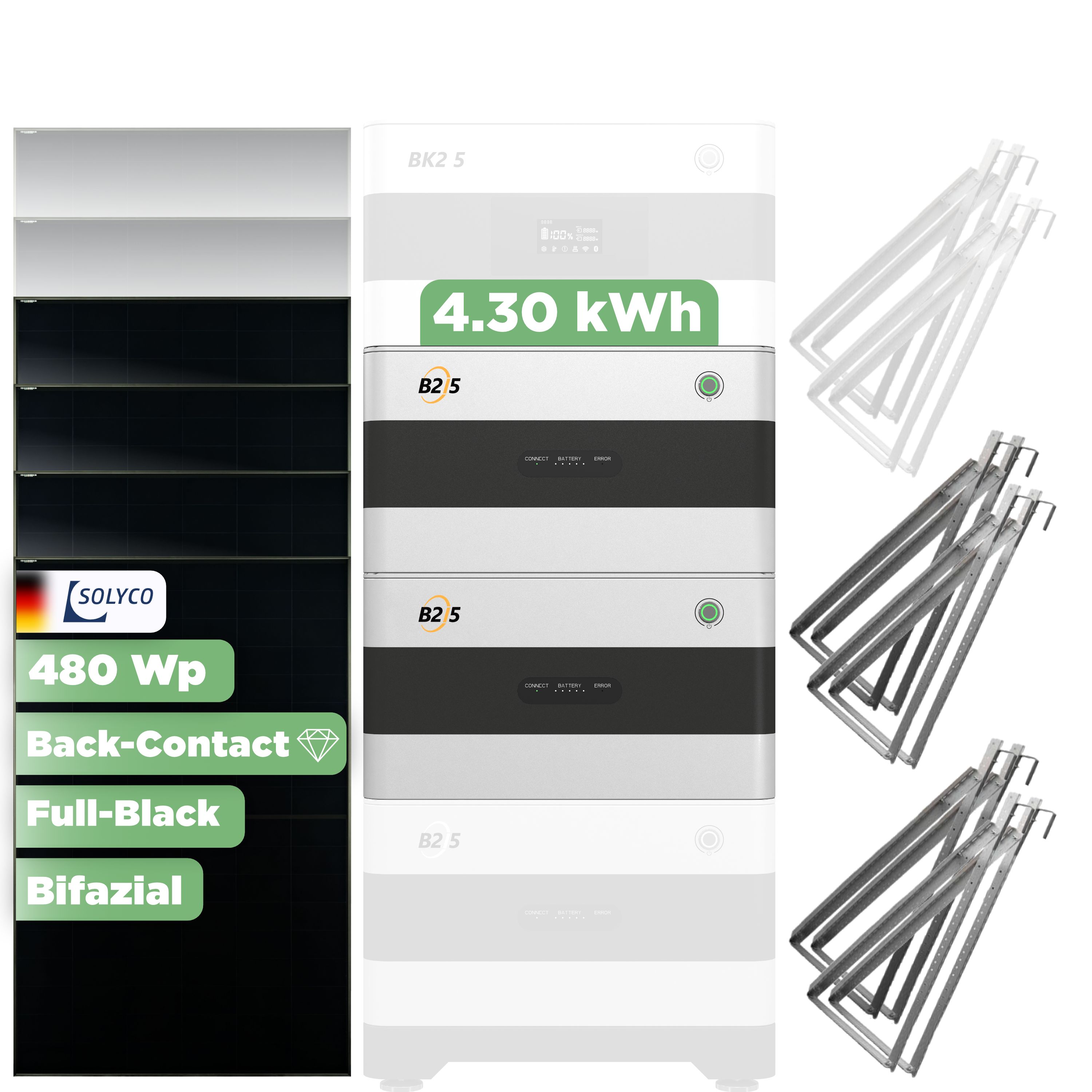 SunEnergyXT Erweiterungsset 1920 Wp — 4.300 Wh / Solyco 480 Wp Glas-Glas Fullblack Back Contact Modul  / 4 Module / 4 x Universalhalterung