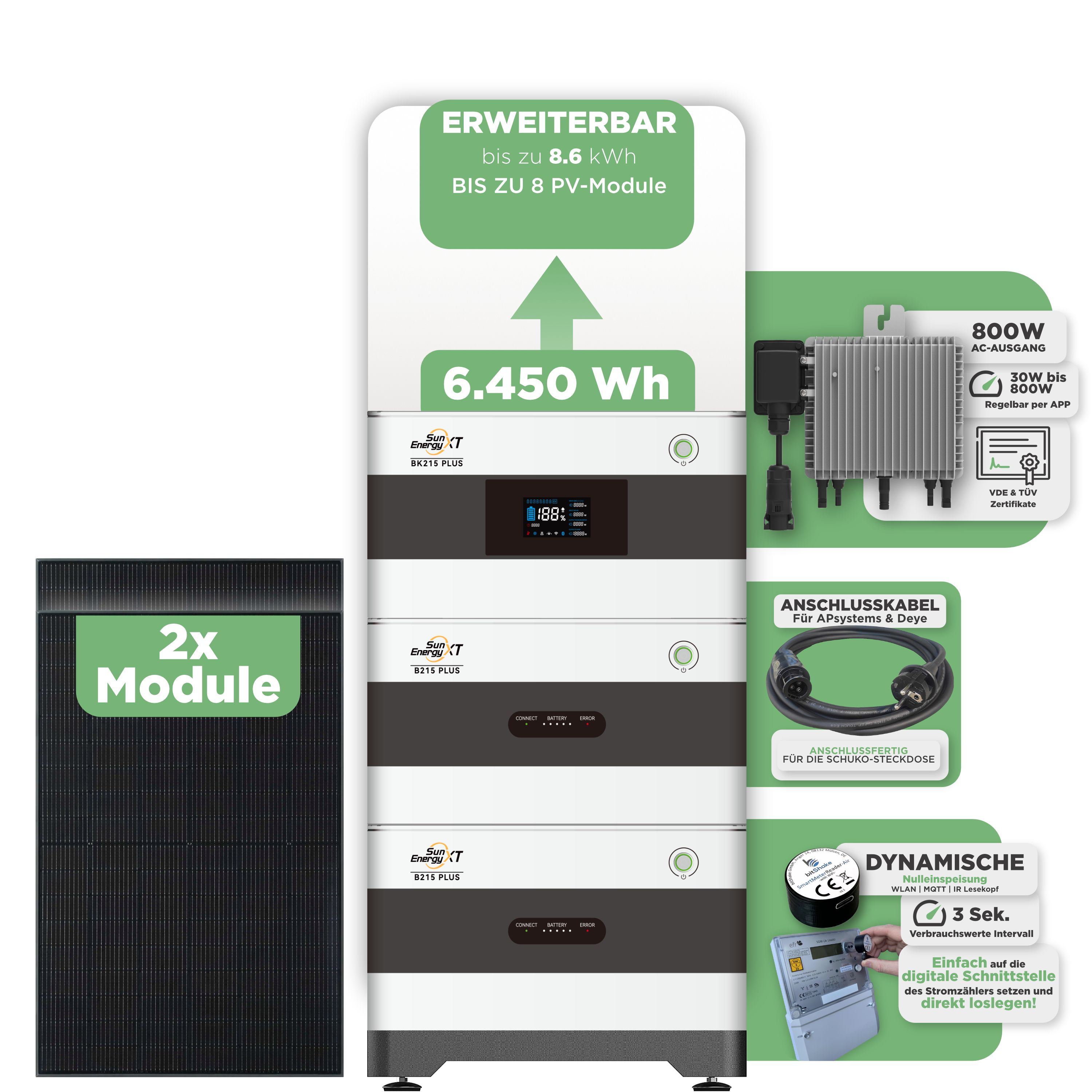 SunEnergyXT BK215 Plus Balkonkraftwerkspeicher 6.450 Wh / mit IR Lesekopf (bitshake) / 800 W (Deye-SUN-M) / 10 m Schuko Kabel