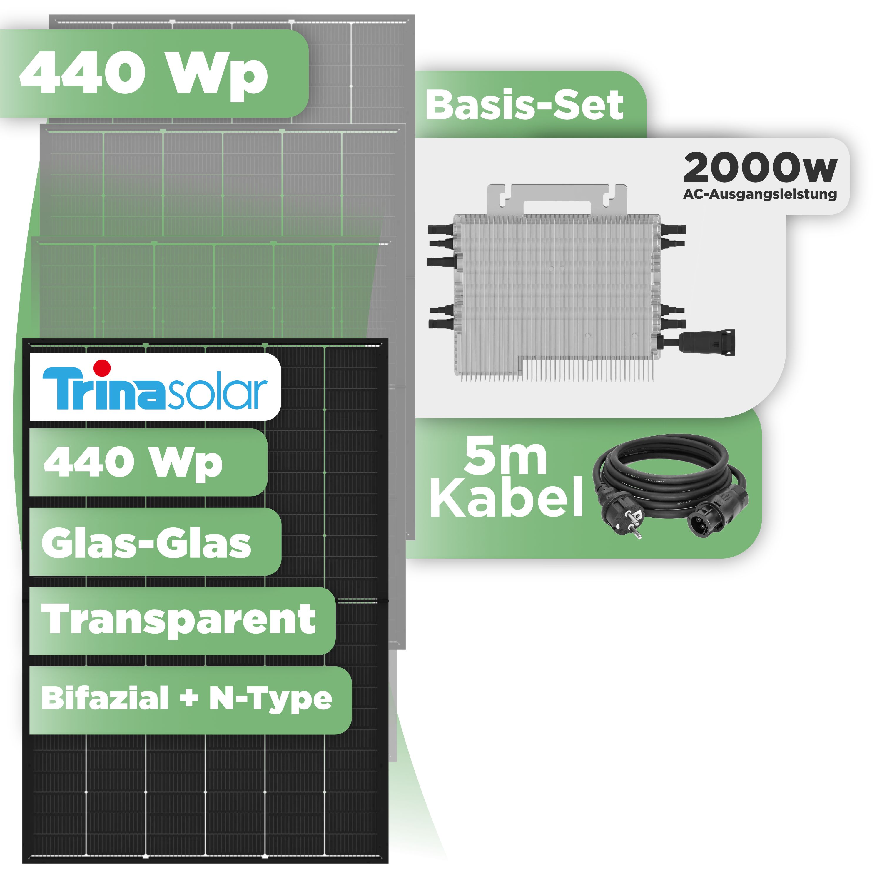 Balkonkraftwerk Basic Set 440 Wp Trina 440 Wp Glas-Glas Bifazial Modul / 1 Modul / Deye 2000 W / Schuko Stecker