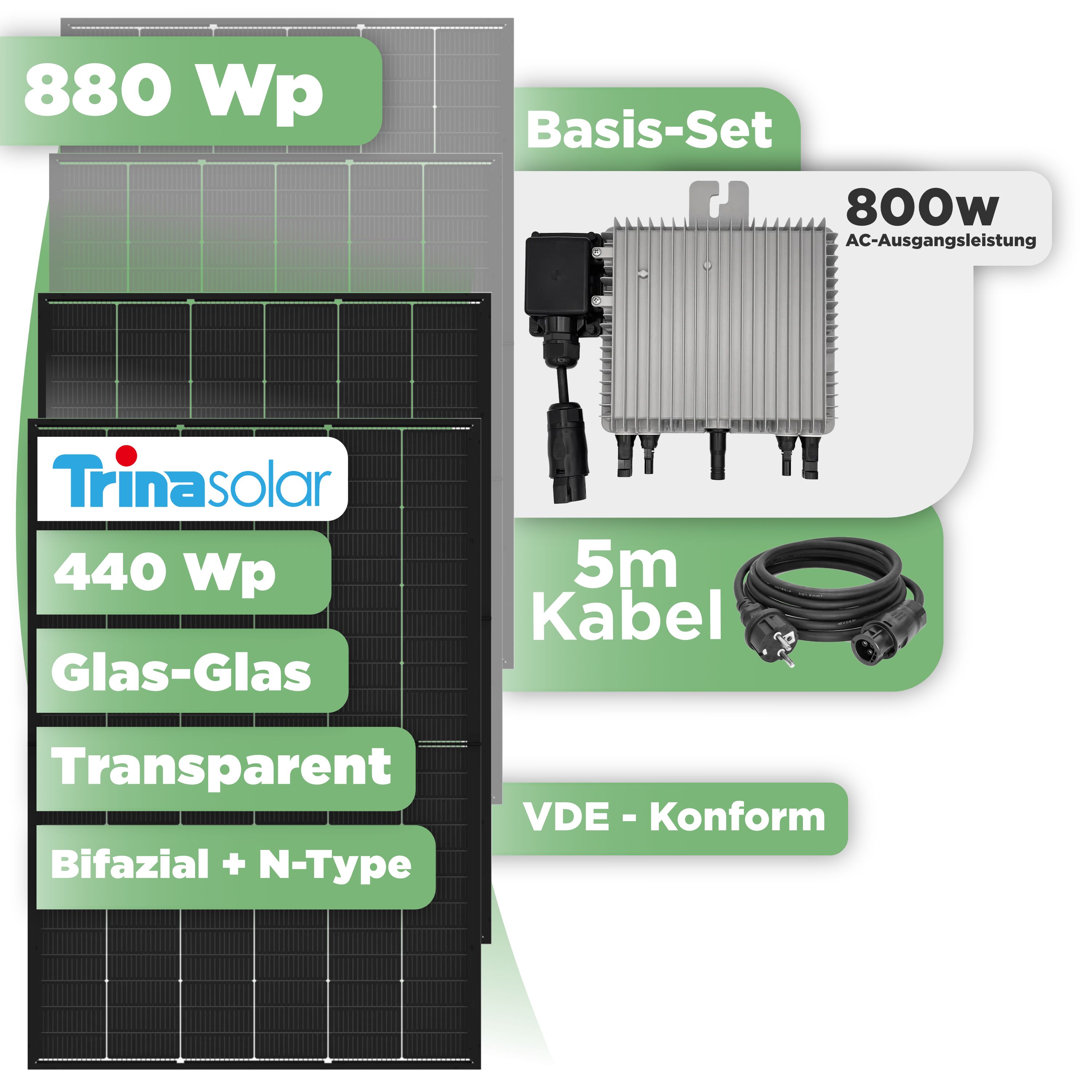 Balkonkraftwerk Basic Set 880 Wp Trina 440 Wp Glas-Glas Bifazial Modul / 2 Module / Deye 800 W / Schuko Stecker
