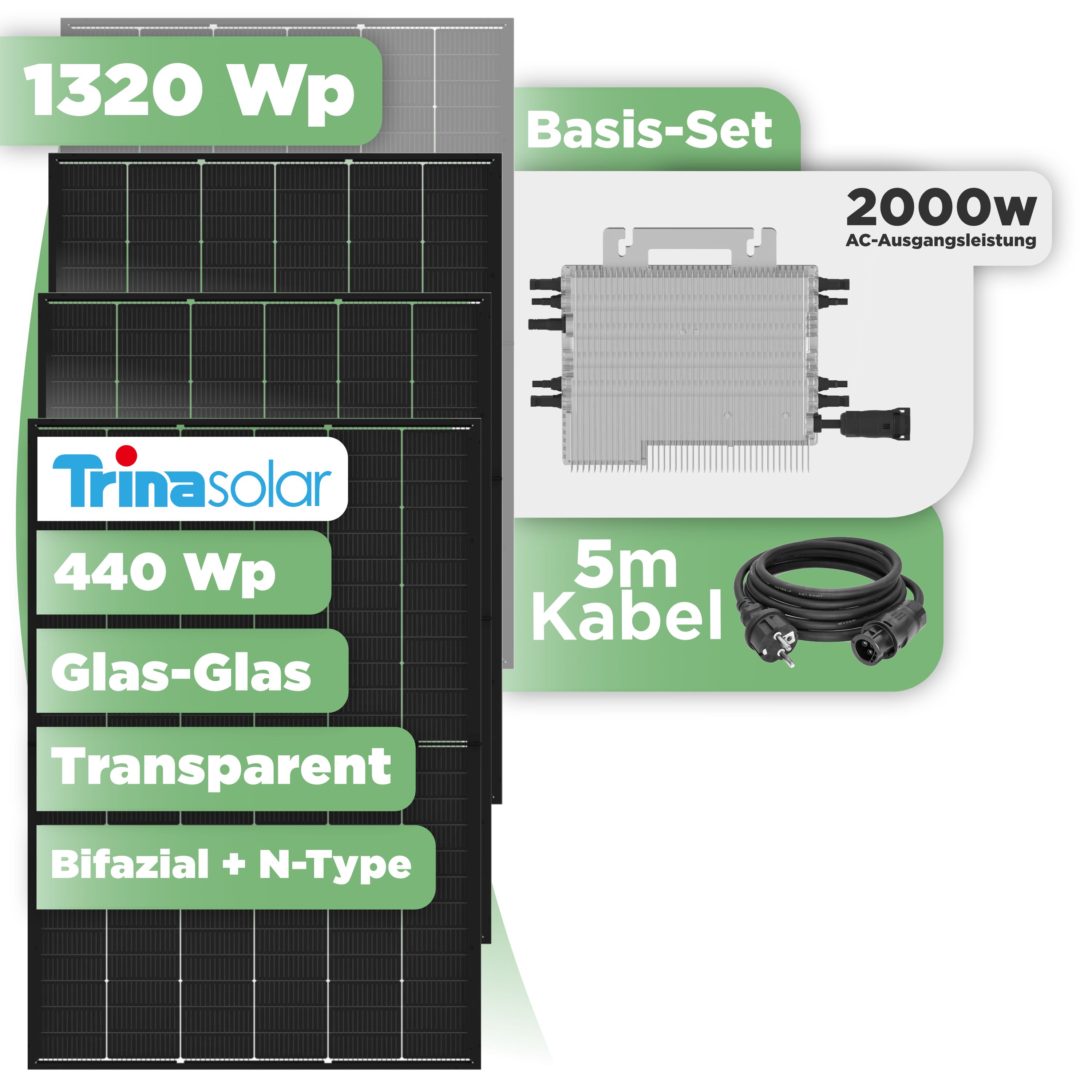 Balkonkraftwerk Basic Set 1320 Wp Trina 440 Wp Glas-Glas Bifazial Modul / 3 Module / Deye 2000 W / Schuko Stecker