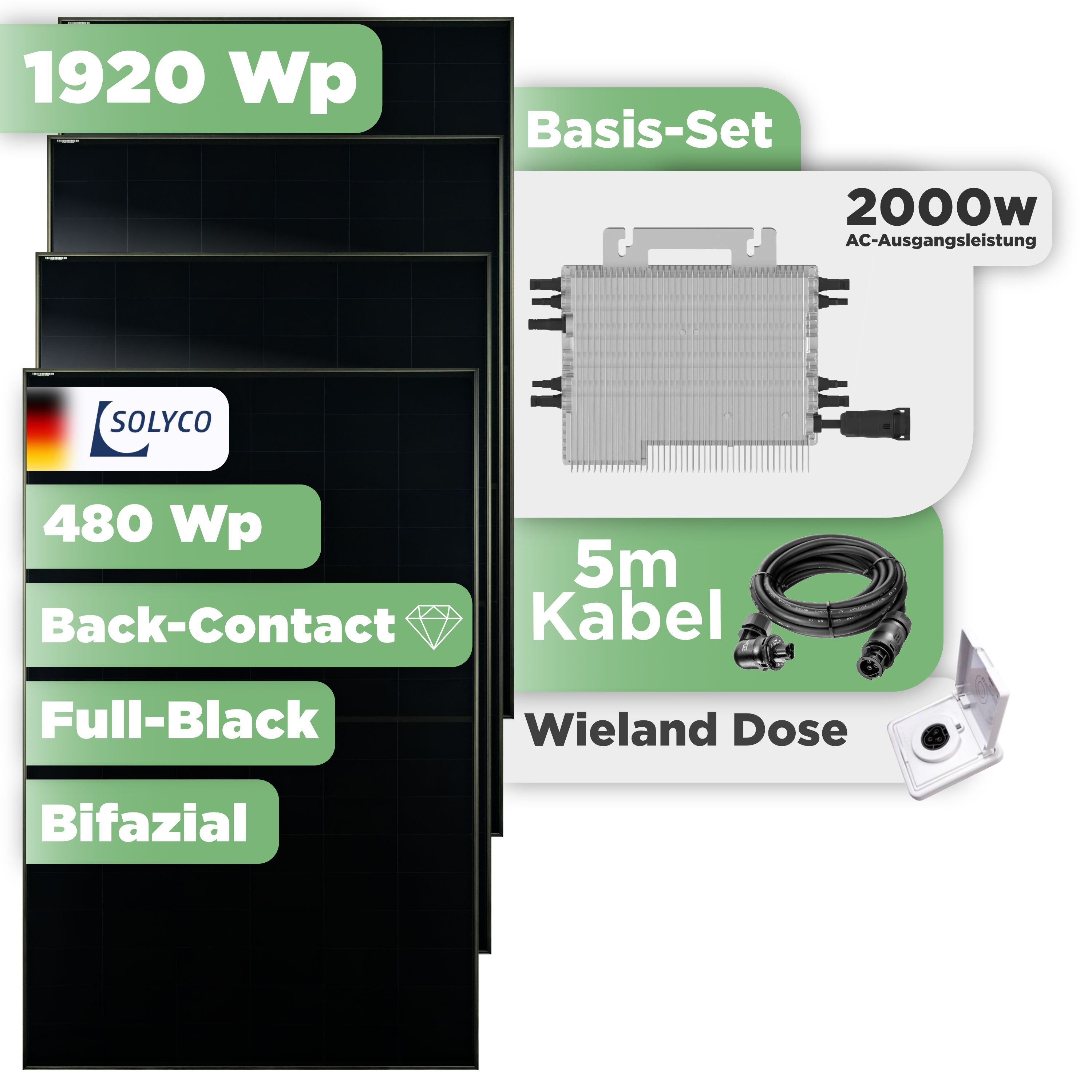 Balkonkraftwerk Basic Set 1920 Wp Solyco 480 Wp Glas-Glas Fullblack Back Contact Modul / 4 Module / Deye 2000 W / Wieland Stecker + Dose