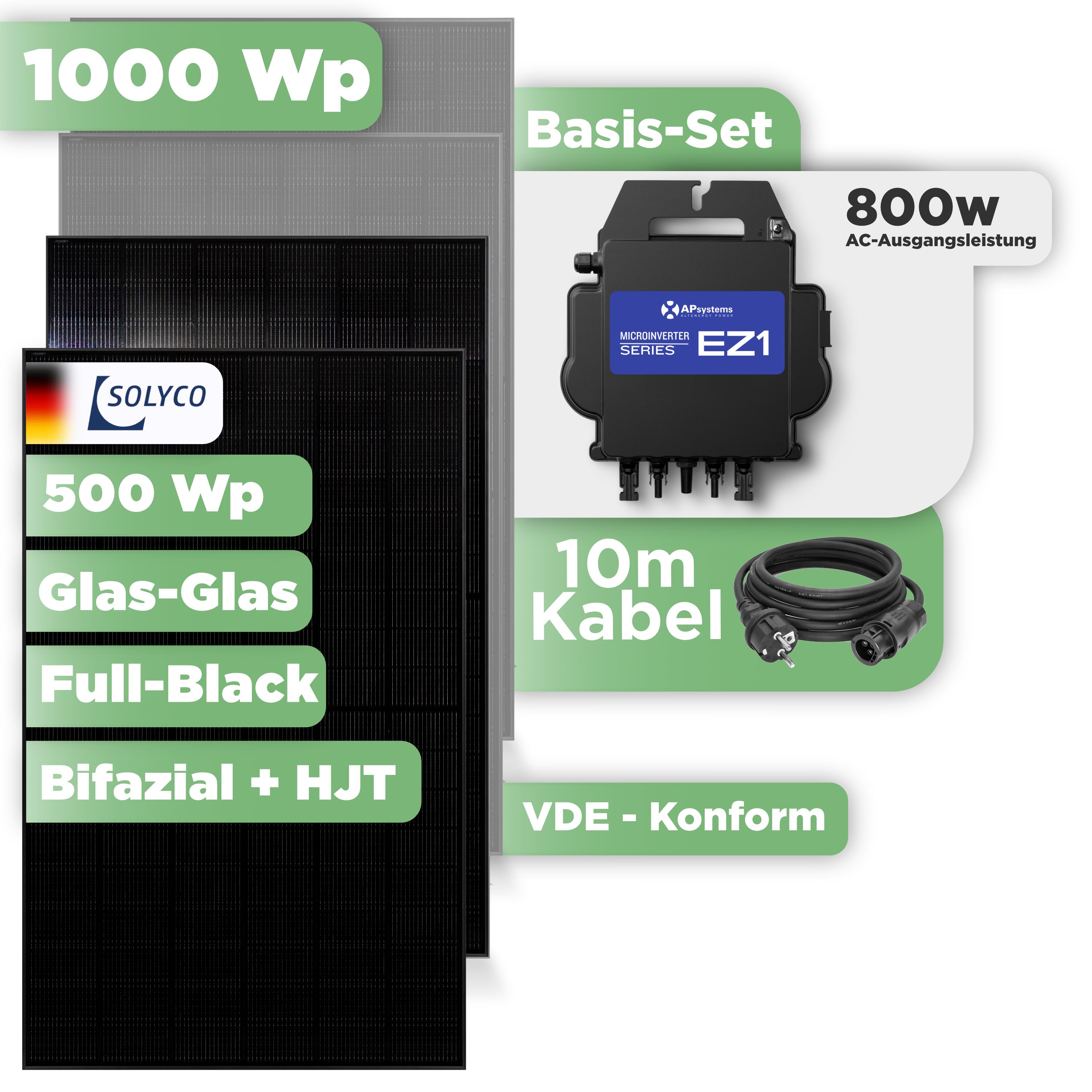 Balkonkraftwerk Basic Set 1000 Wp — Solyco 500 Wp Glas-Glas Fullblack-Modul Bifazial / 2 Module / APSystems EZ1-M (bis 800 W) / Schuko Stecker / 10 m