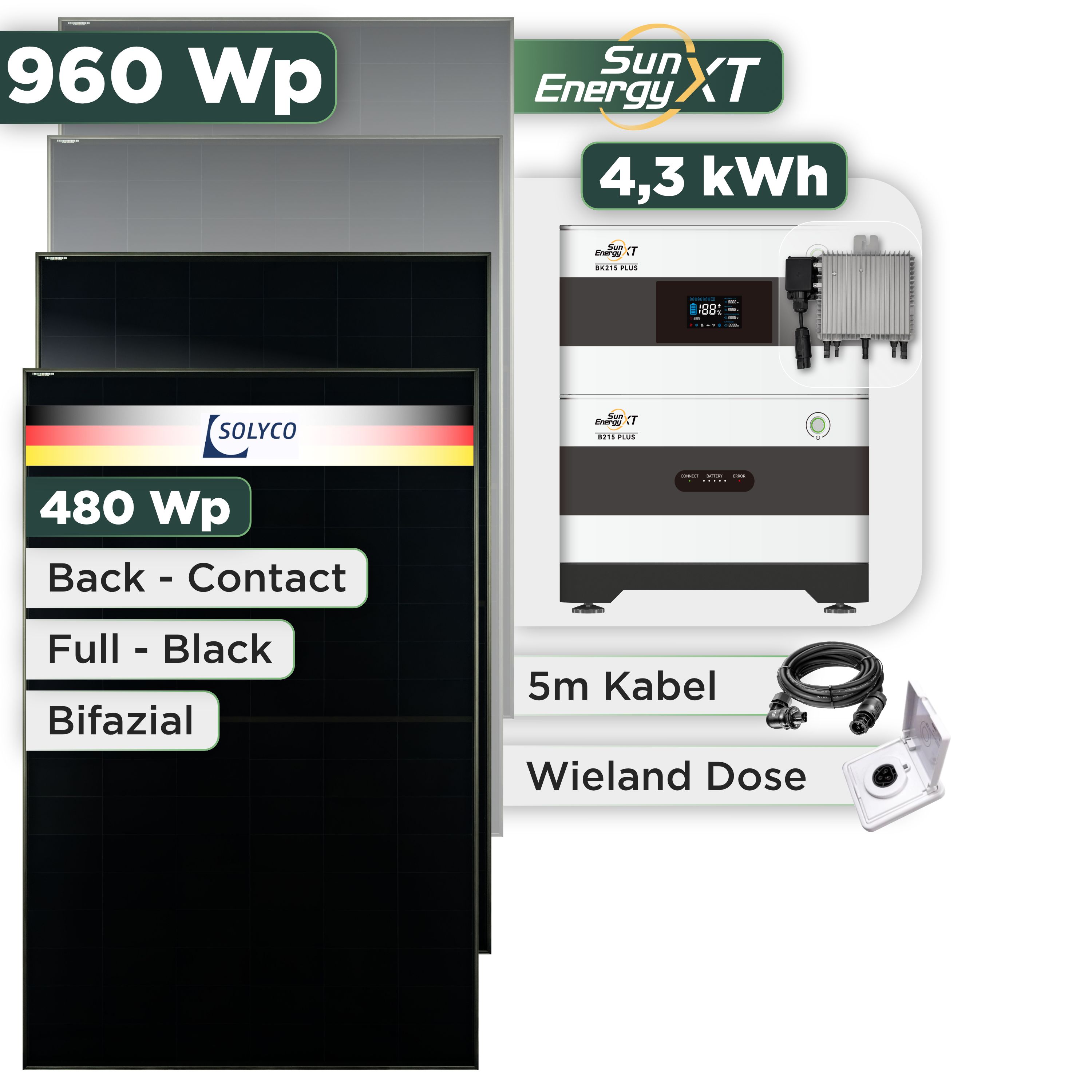 Balkonkraftwerk Set 960 Wp SunEnergyXT Plus / 4,3 kWh / Solyco 480 Wp Glas-Glas Fullblack Back Contact Modul / 2 Module / Deye 800 W / Wieland Stecker + Dose