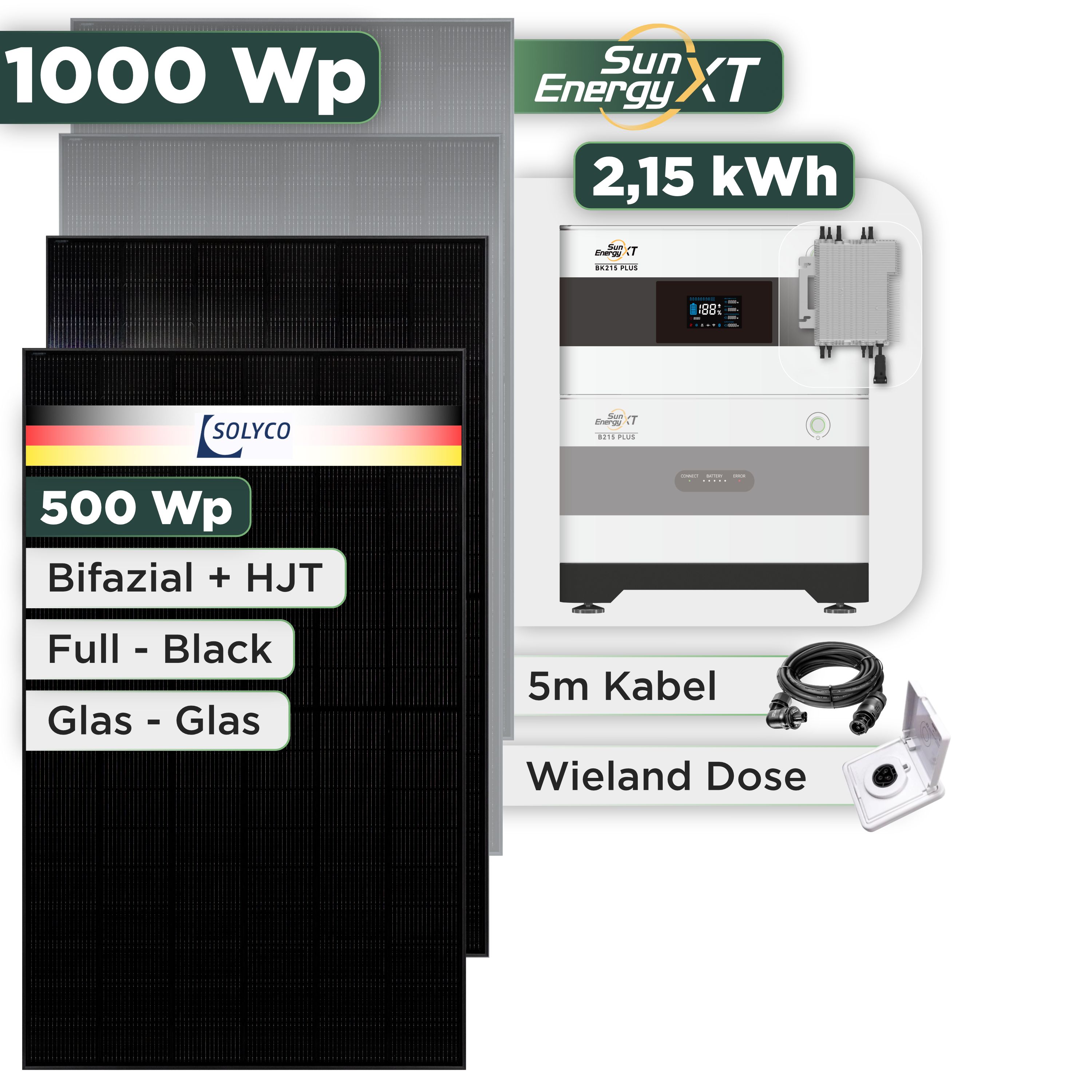 Balkonkraftwerk Set 1000 Wp SunEnergyXT Plus / 2,15 kWh / Solyco 500 Wp Glas-Glas Fullblack-Modul Bifazial / 2 Module / Deye 2000 W / Wieland Stecker + Dose