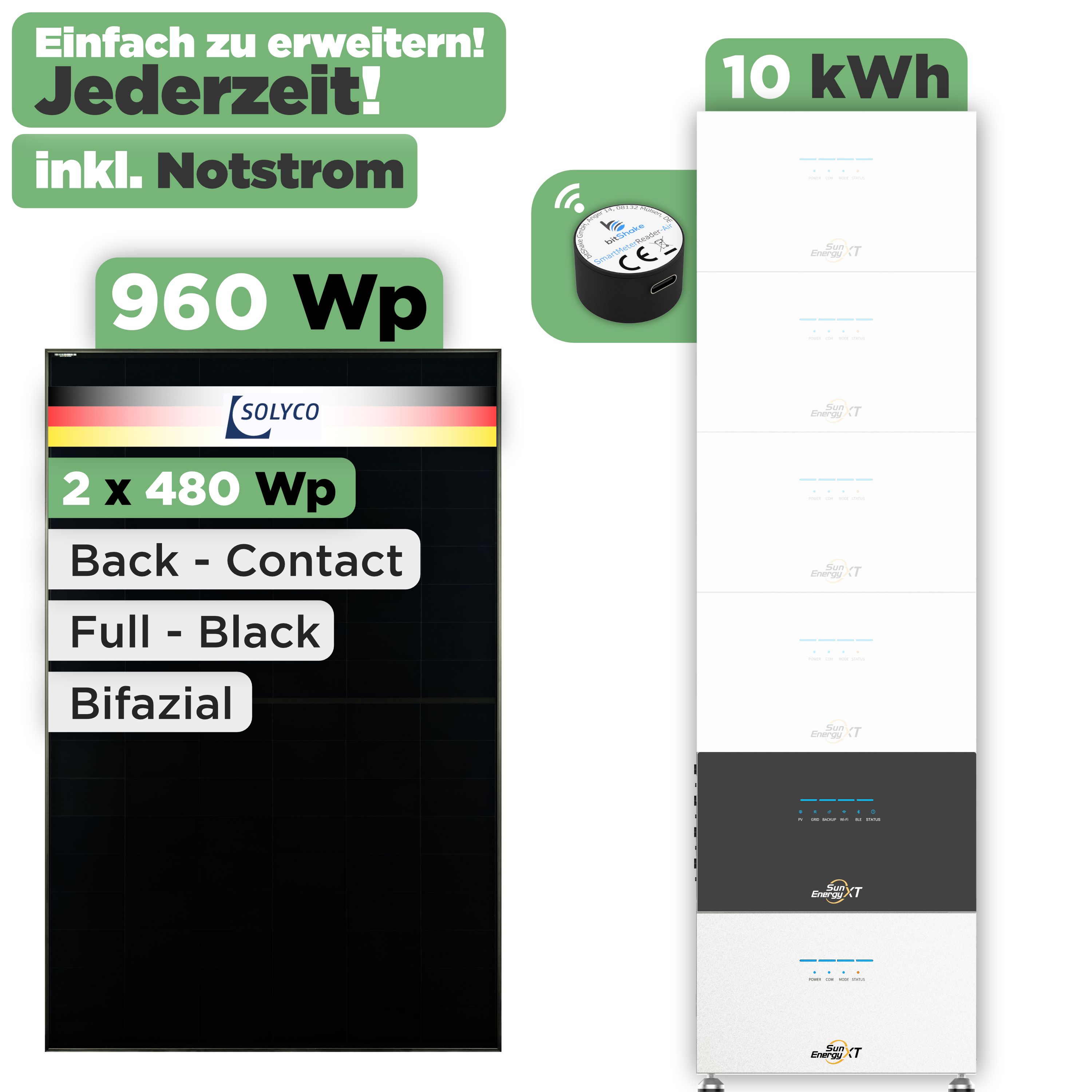 SunEnergyXT 500 Modulset 960 Wp SunEnergyXT 500 Pro (2400 W) / 10 kWh / IR Lesekopf / Solyco 480 Wp / 2 Module