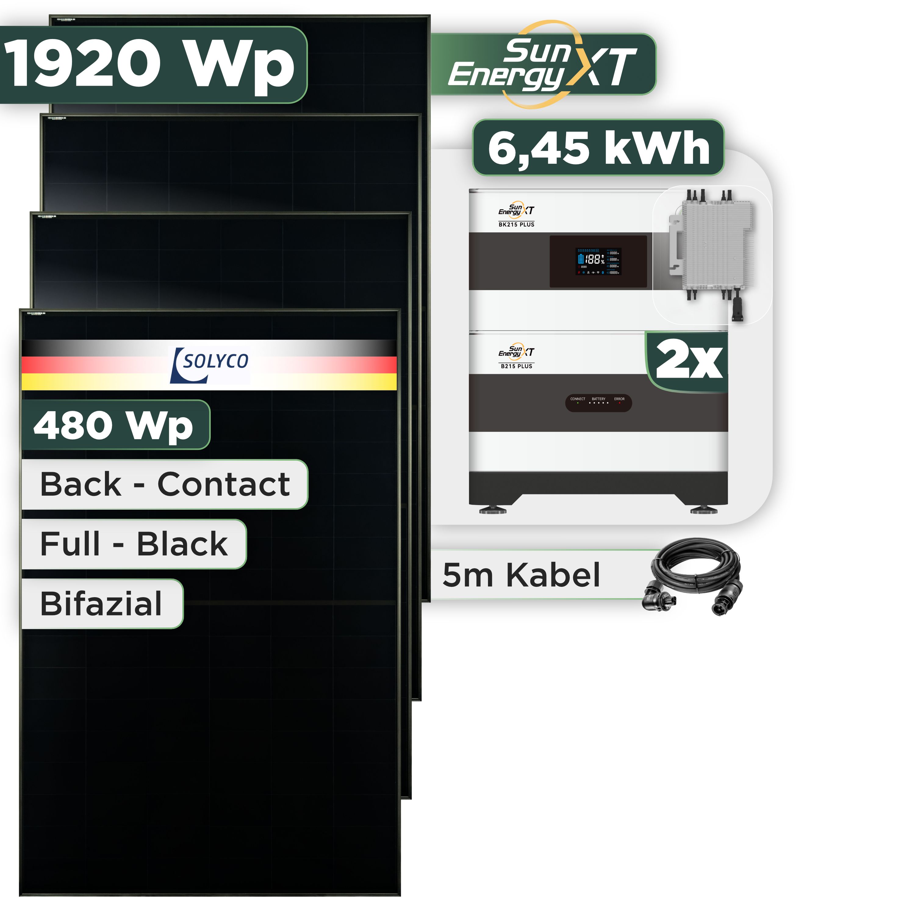 Balkonkraftwerk Set 1920 Wp SunEnergyXT Plus / 6,45 kWh / Solyco 480 Wp Glas-Glas Fullblack Back Contact Modul / 4 Module / Deye 2000 W / Wieland Stecker