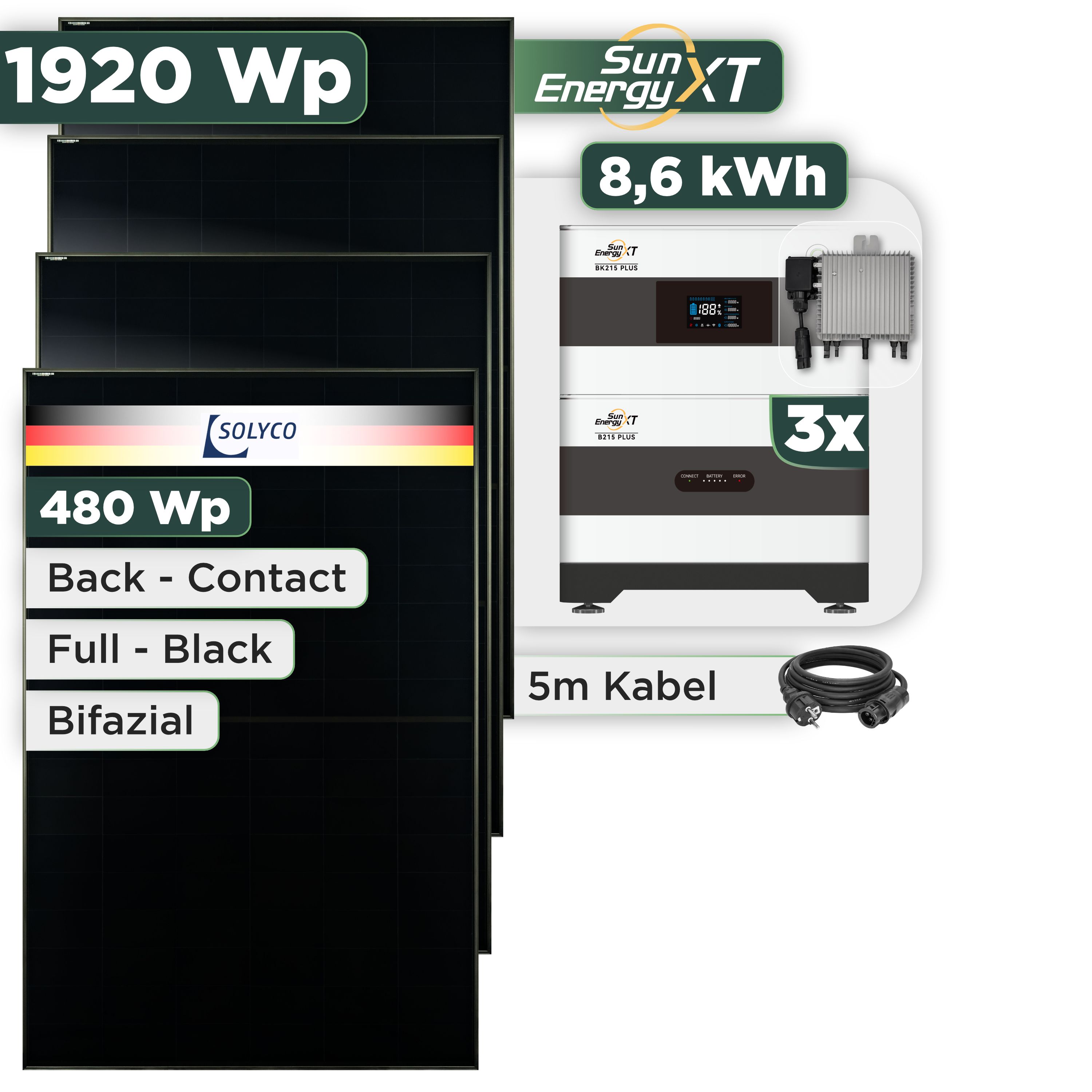 Balkonkraftwerk Set 1920 Wp SunEnergyXT Plus / 8,6 kWh / Solyco 480 Wp Glas-Glas Fullblack Back Contact Modul / 4 Module / Deye 800 W / Schuko Stecker