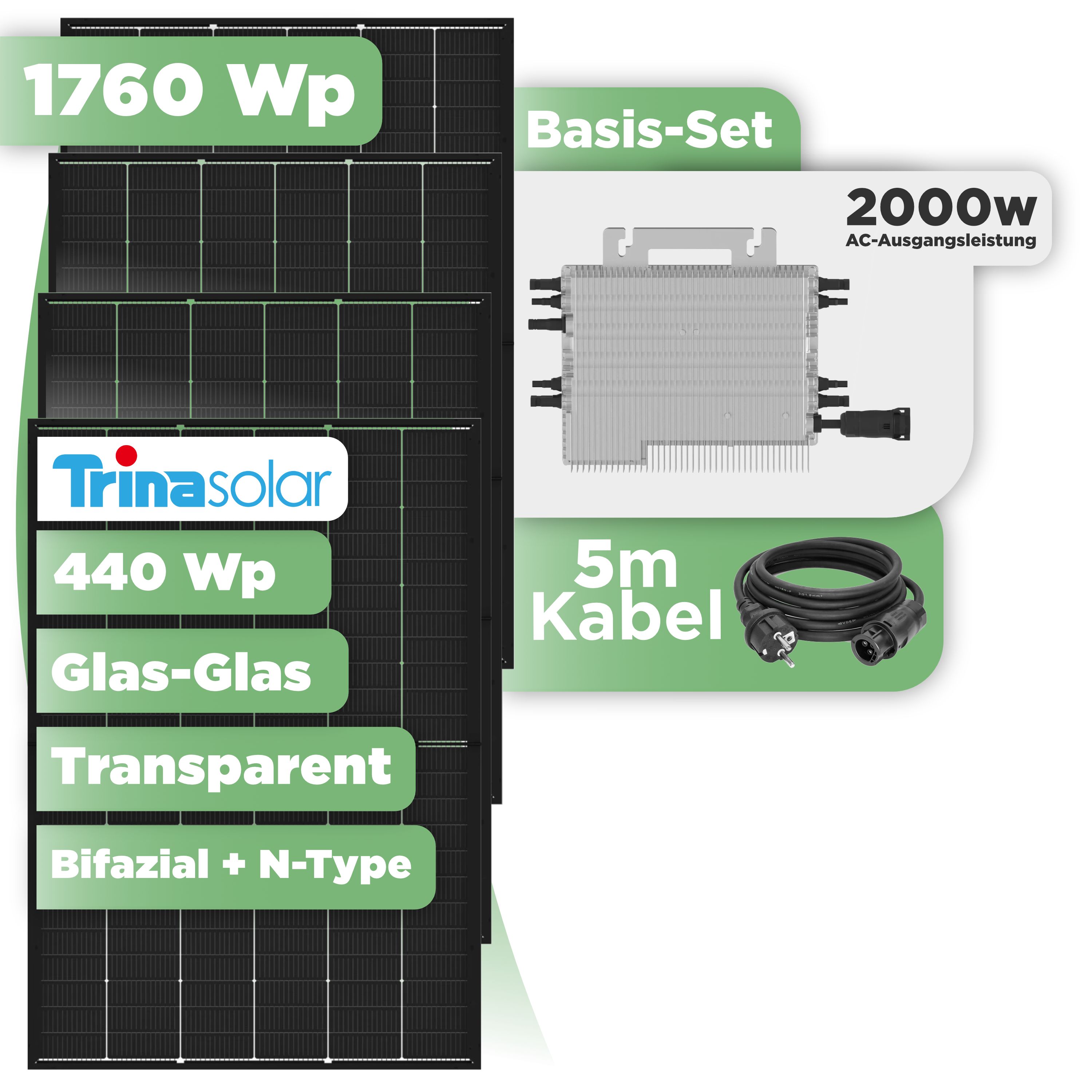 Balkonkraftwerk Basic Set 1760 Wp Trina 440 Wp Glas-Glas Bifazial Modul / 4 Module / Deye 2000 W / Schuko Stecker