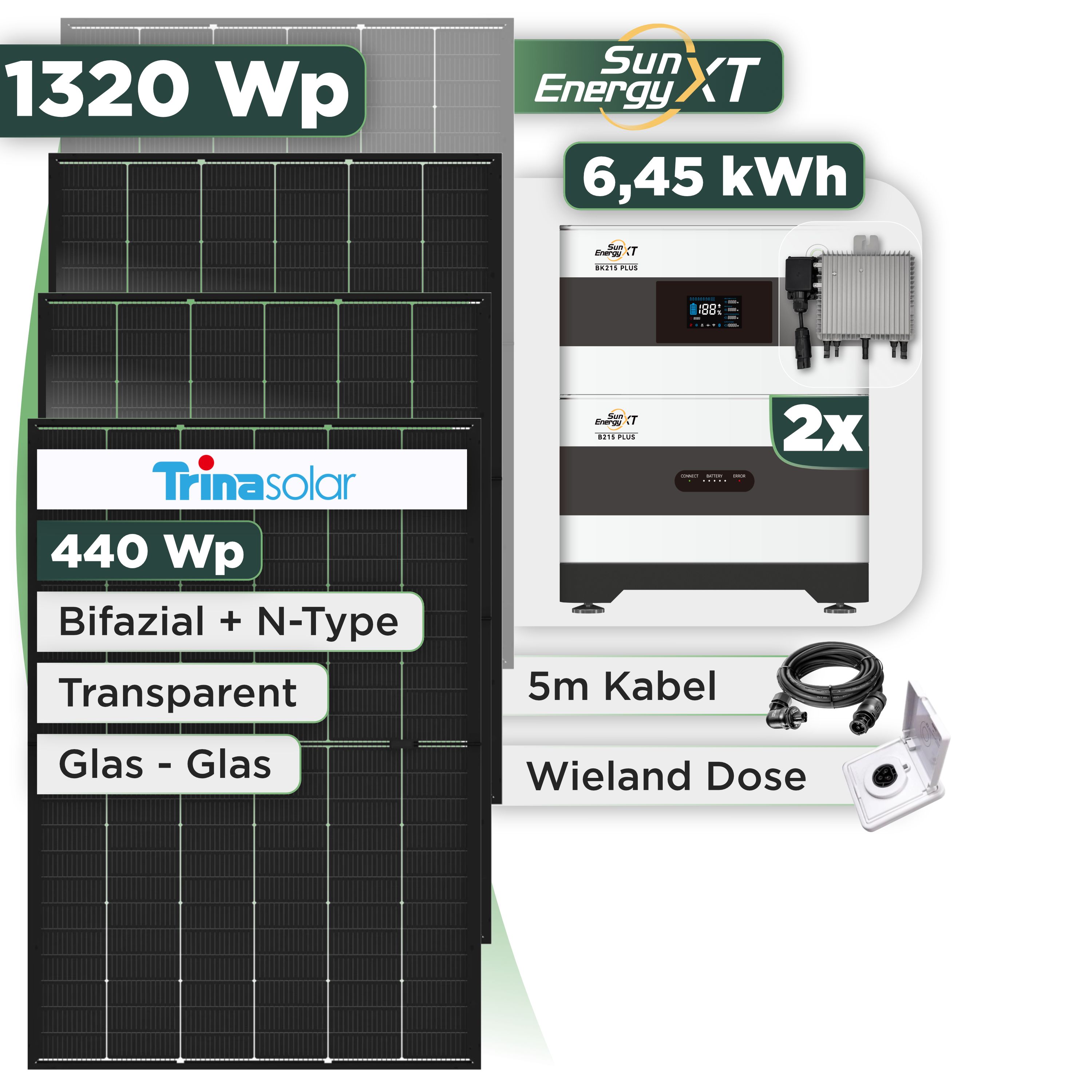 Balkonkraftwerk Set 1320 Wp SunEnergyXT Plus / 6,45 kWh / Trina 440 Wp Glas-Glas Bifazial Modul / 3 Module / Deye 800 W / Wieland Stecker + Dose