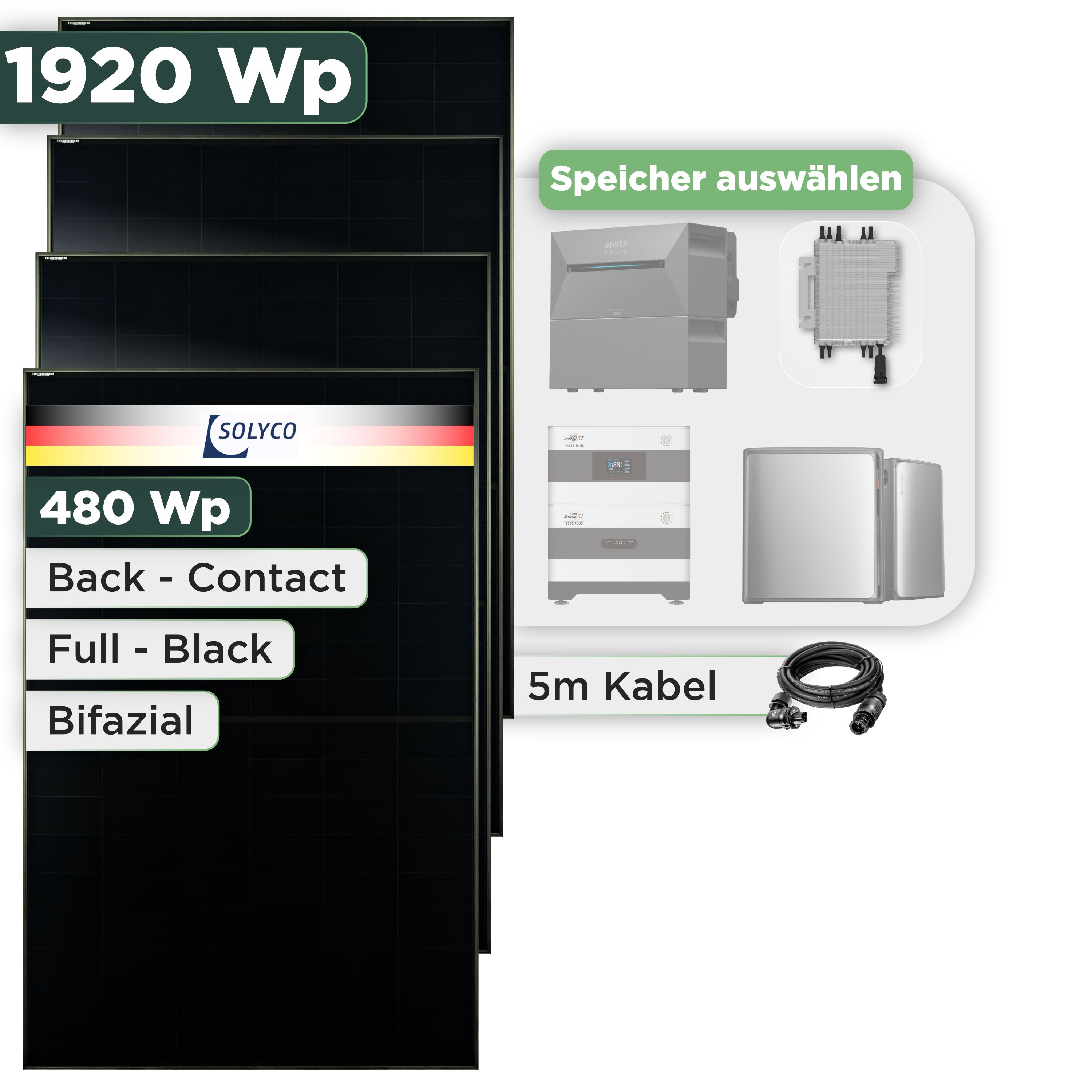 Balkonkraftwerk Set 1920 Wp Solyco 480 Wp Glas-Glas Fullblack Back Contact Modul / 4 Module / Deye 2000 W / Wieland Stecker