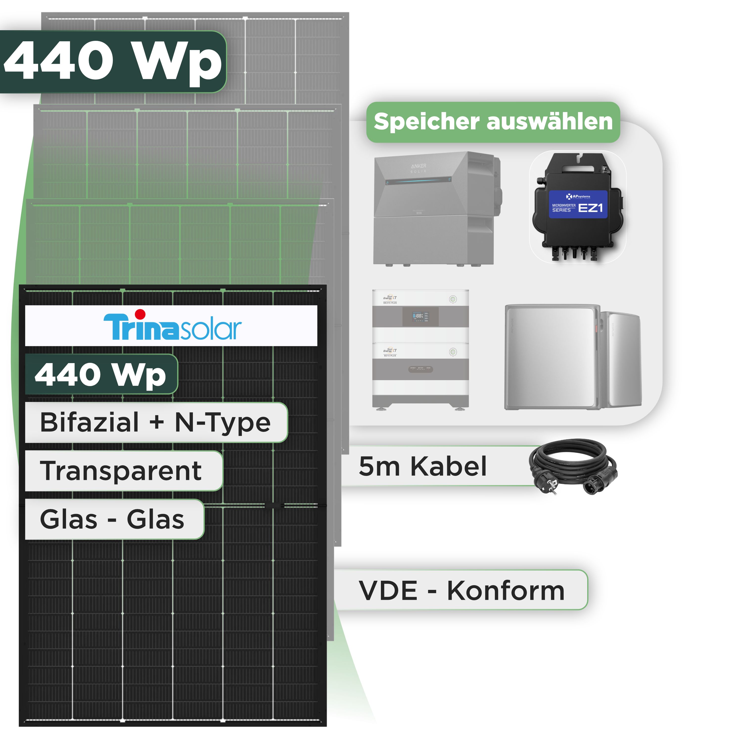 Balkonkraftwerk Set 440 Wp Trina 440 Wp Glas-Glas Bifazial Modul / 1 Modul / APSystems EZ1-M (bis 800 W) / Schuko Stecker