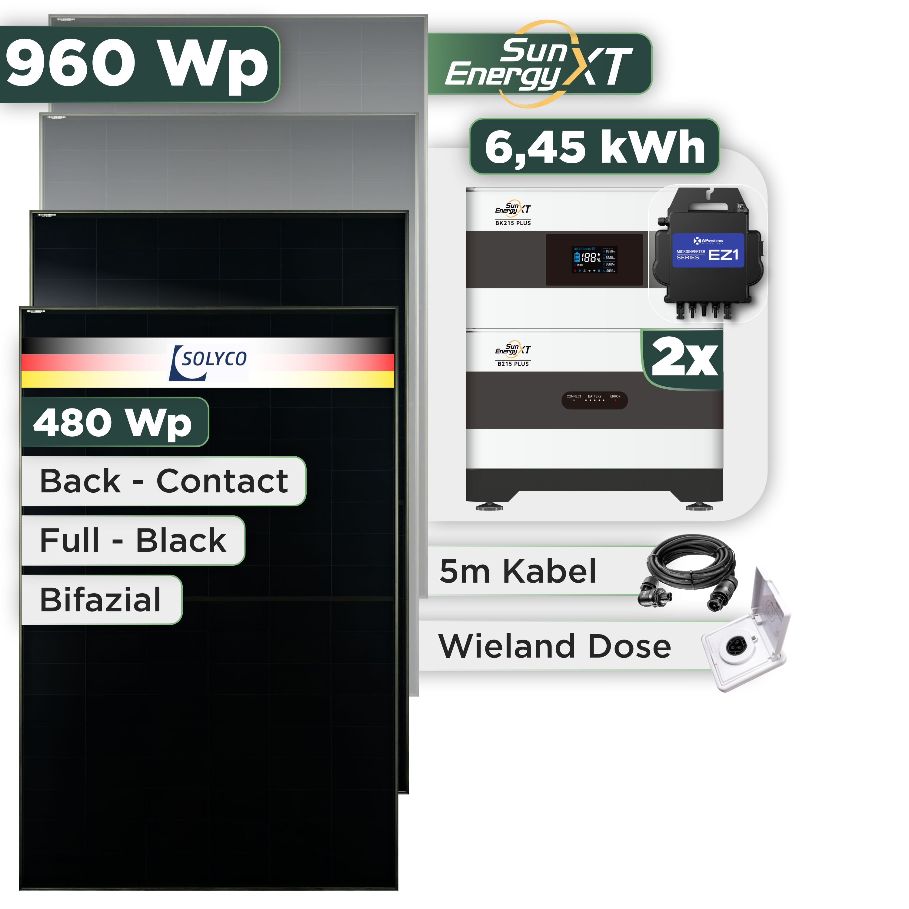 Balkonkraftwerk Set 960 Wp SunEnergyXT Plus / 6,45 kWh / Solyco 480 Wp Glas-Glas Fullblack Back Contact Modul / 2 Module / APSystems EZ1-M (bis 800 W) / Wieland Stecker + Dose