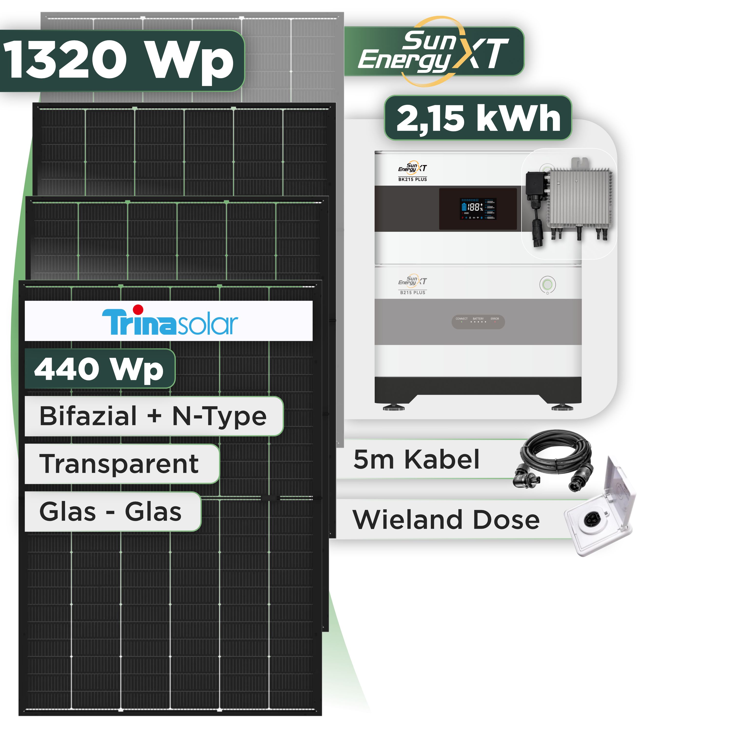 Balkonkraftwerk Set 1320 Wp SunEnergyXT Plus / 2,15 kWh / Trina 440 Wp Glas-Glas Bifazial Modul / 3 Module / Deye 800 W / Wieland Stecker + Dose