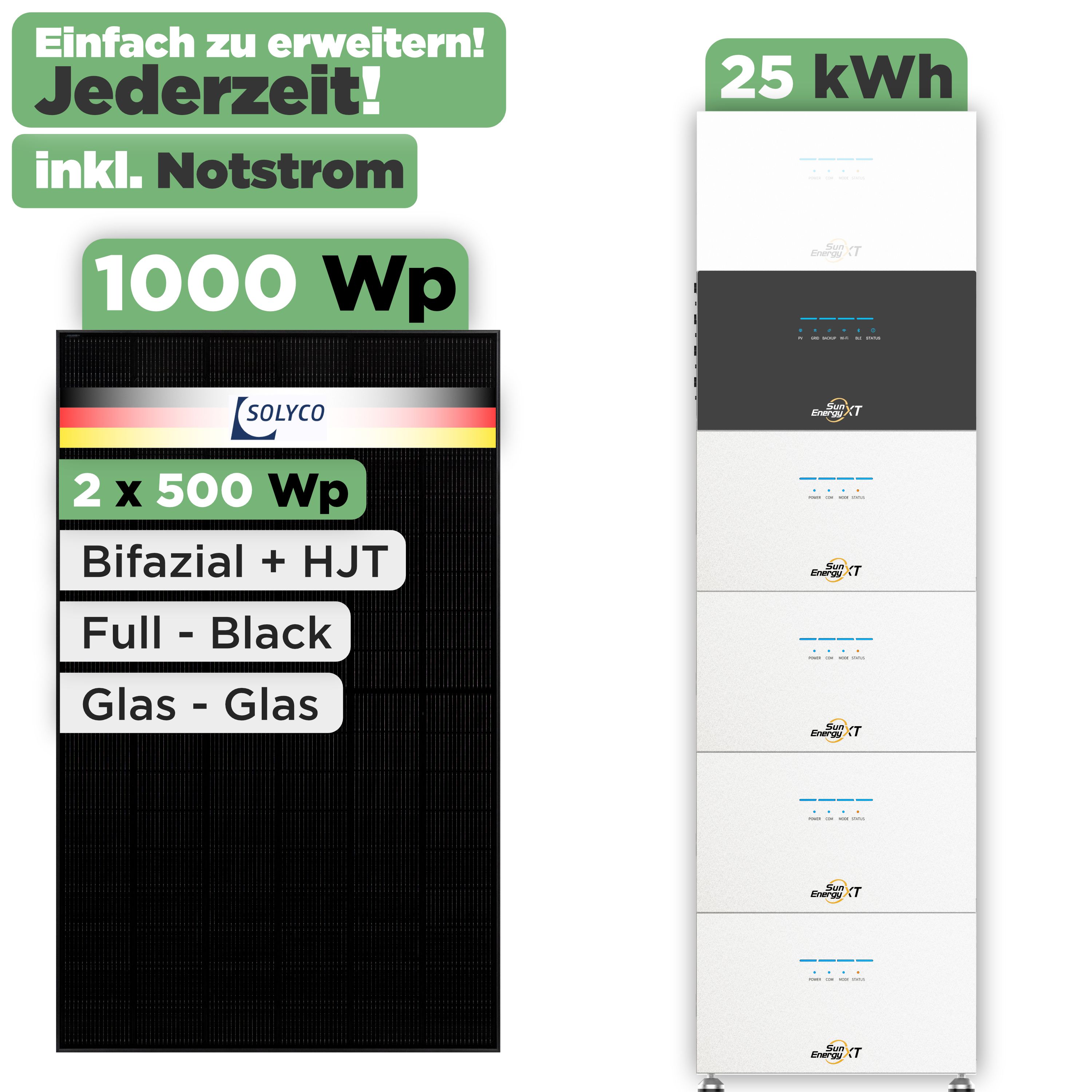 SunEnergyXT 500 Modulset 1000 Wp SunEnergyXT 500 Pro (2400 W) / 25 kWh / Solyco 500 Wp / 2 Module