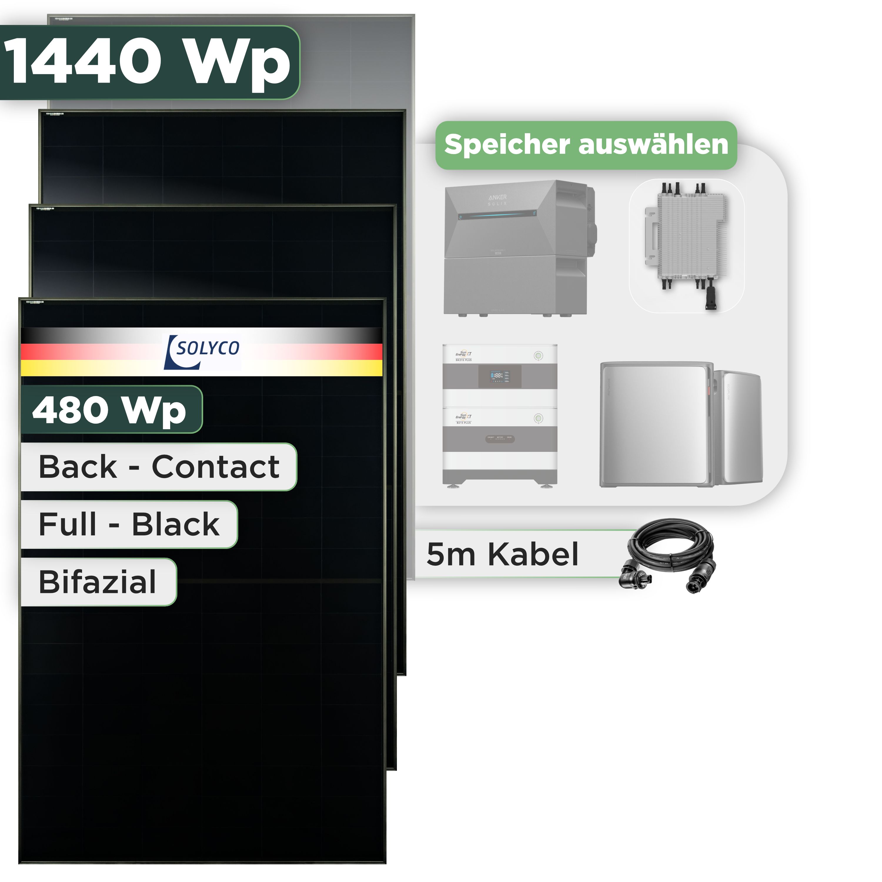Balkonkraftwerk Set 1440 Wp Solyco 480 Wp Glas-Glas Fullblack Back Contact Modul / 3 Module / Deye 2000 W / Wieland Stecker
