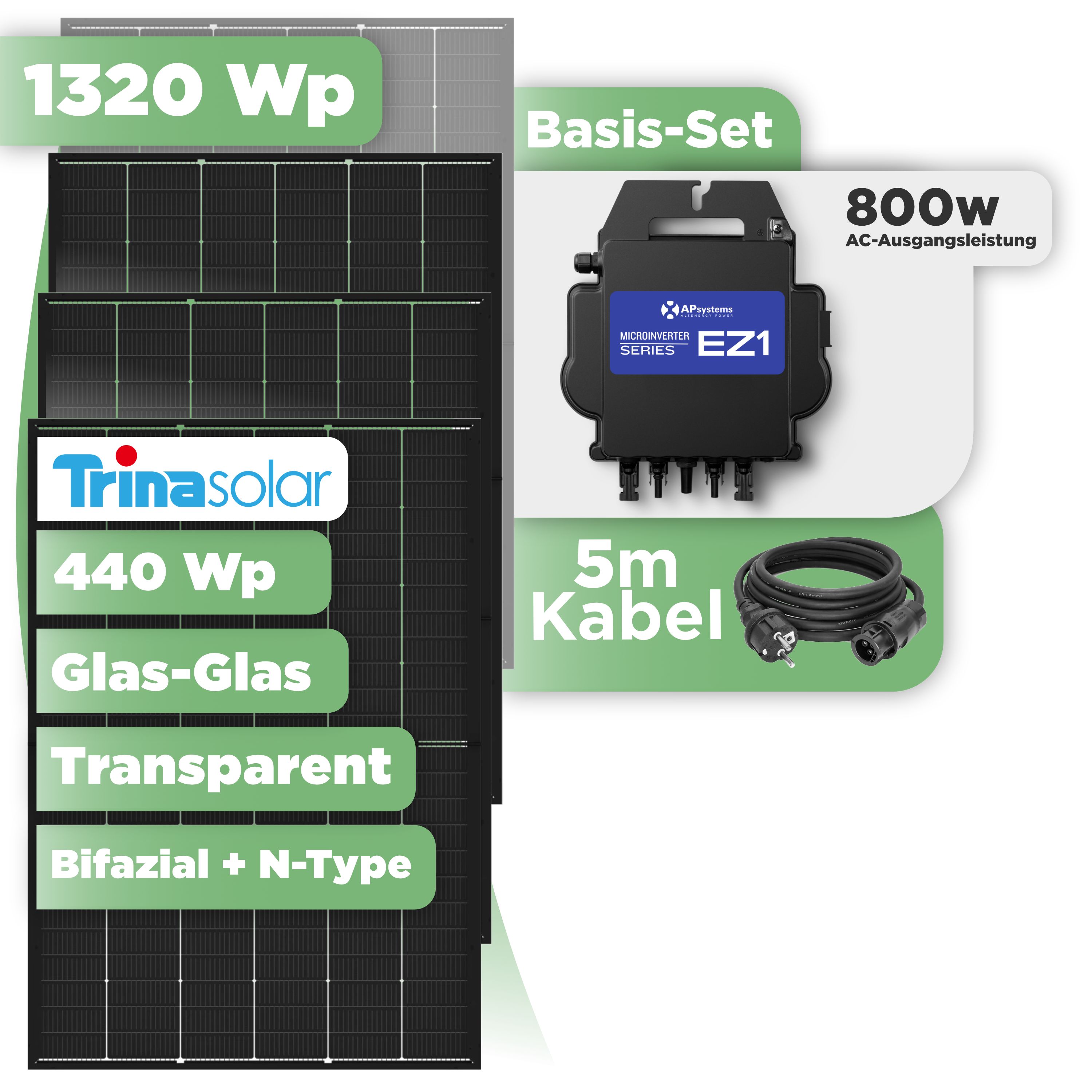 Balkonkraftwerk Basic Set 1320 Wp Trina 440 Wp Glas-Glas Bifazial Modul / 3 Module / APSystems EZ1-M (bis 800 W) / Schuko Stecker