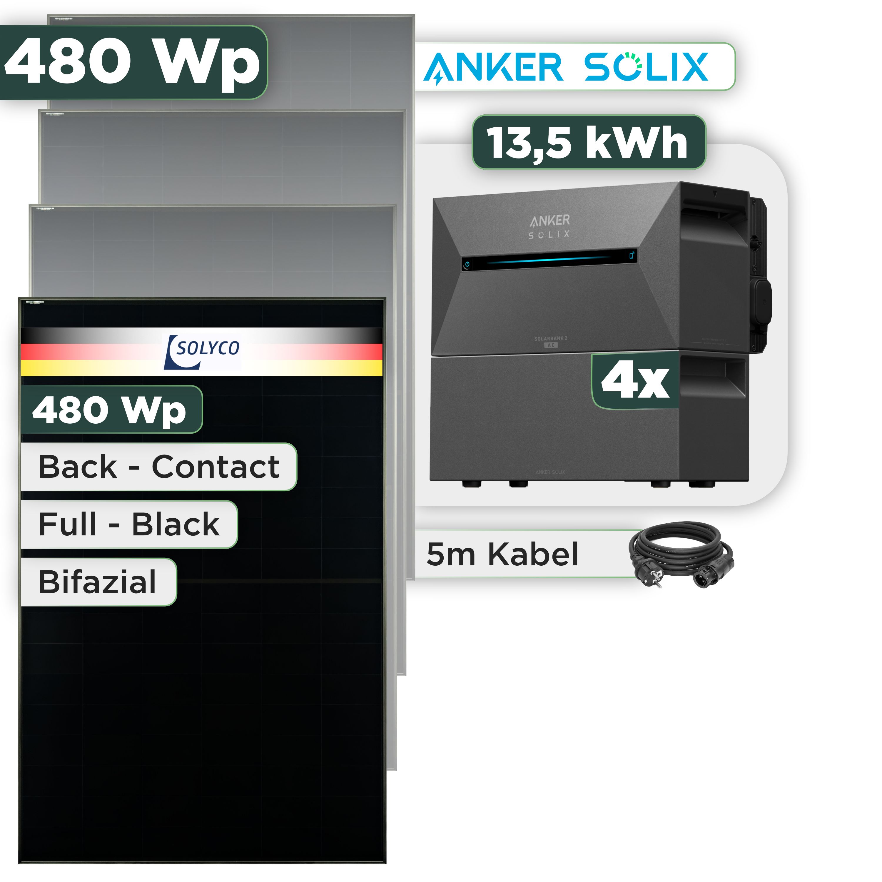 Balkonkraftwerk Set 480 Wp Anker Solarbank 3 Pro / 13,5 kWh / Solyco 480 Wp Glas-Glas Fullblack Back Contact Modul / 1 Modul / Schuko Stecker / 3 m