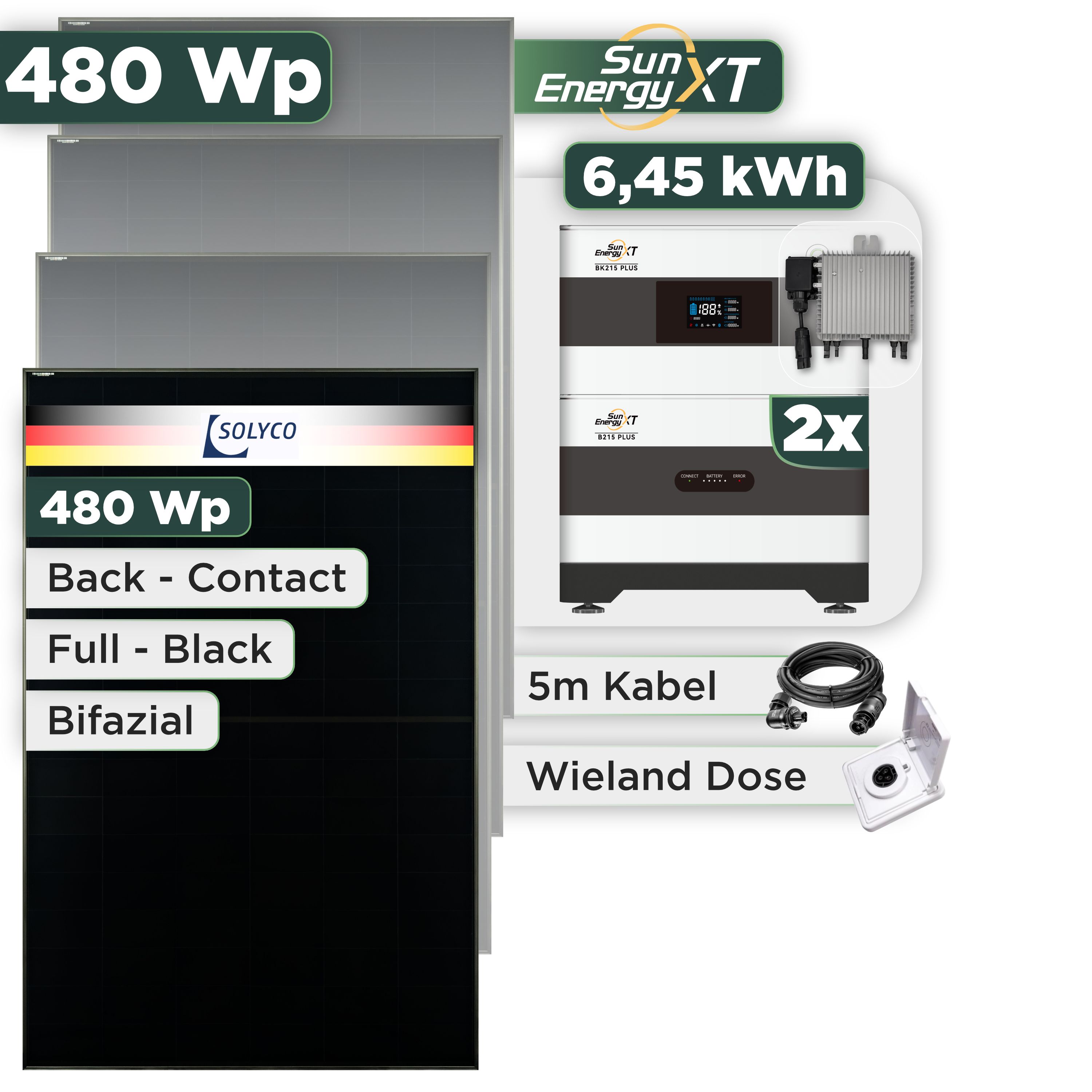 Balkonkraftwerk Set 480 Wp SunEnergyXT Plus / 6,45 kWh / Solyco 480 Wp Glas-Glas Fullblack Back Contact Modul / 1 Modul / Deye 800 W / Wieland Stecker + Dose