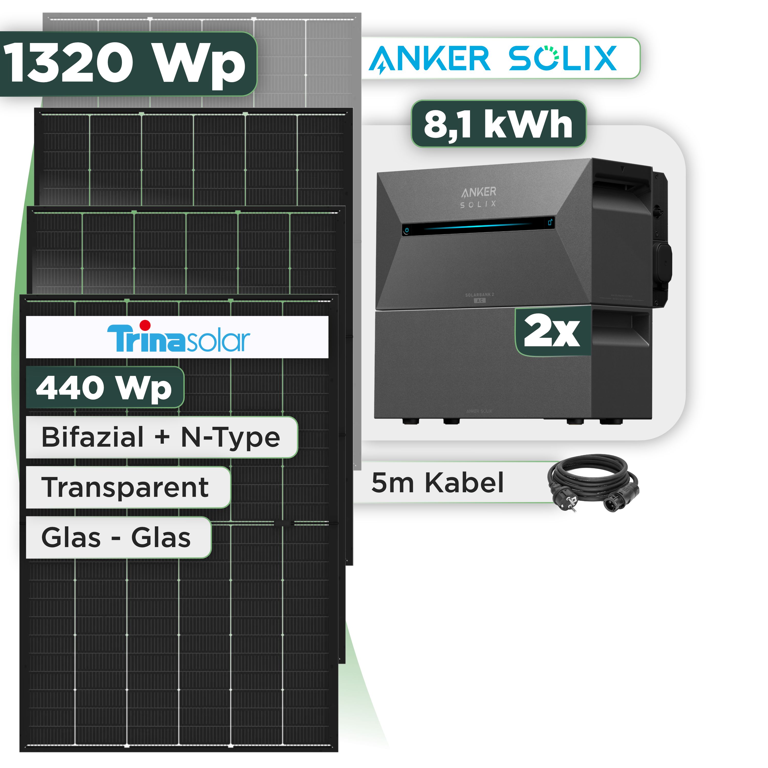 Balkonkraftwerk Set 1320 Wp Anker Solarbank 3 Pro / 8,1 kWh / Trina 440 Wp Glas-Glas Bifazial Modul / 3 Module / Schuko Stecker / 3 m