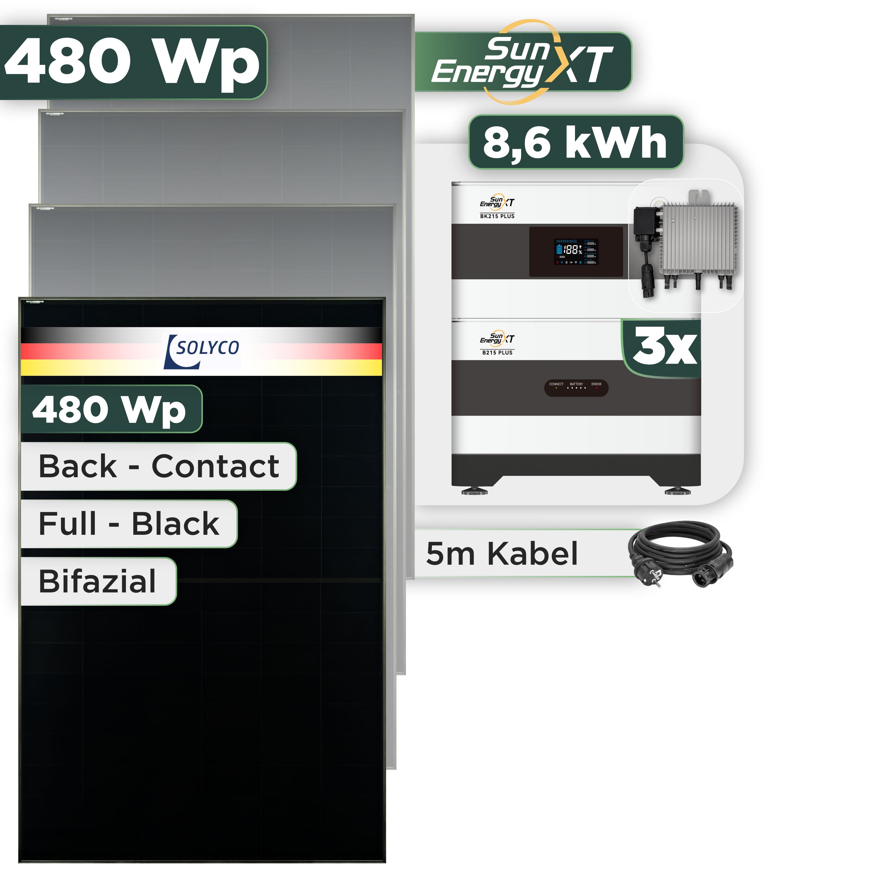 Balkonkraftwerk Set 480 Wp SunEnergyXT Plus / 8,6 kWh / Solyco 480 Wp Glas-Glas Fullblack Back Contact Modul / 1 Modul / Deye 800 W / Schuko Stecker