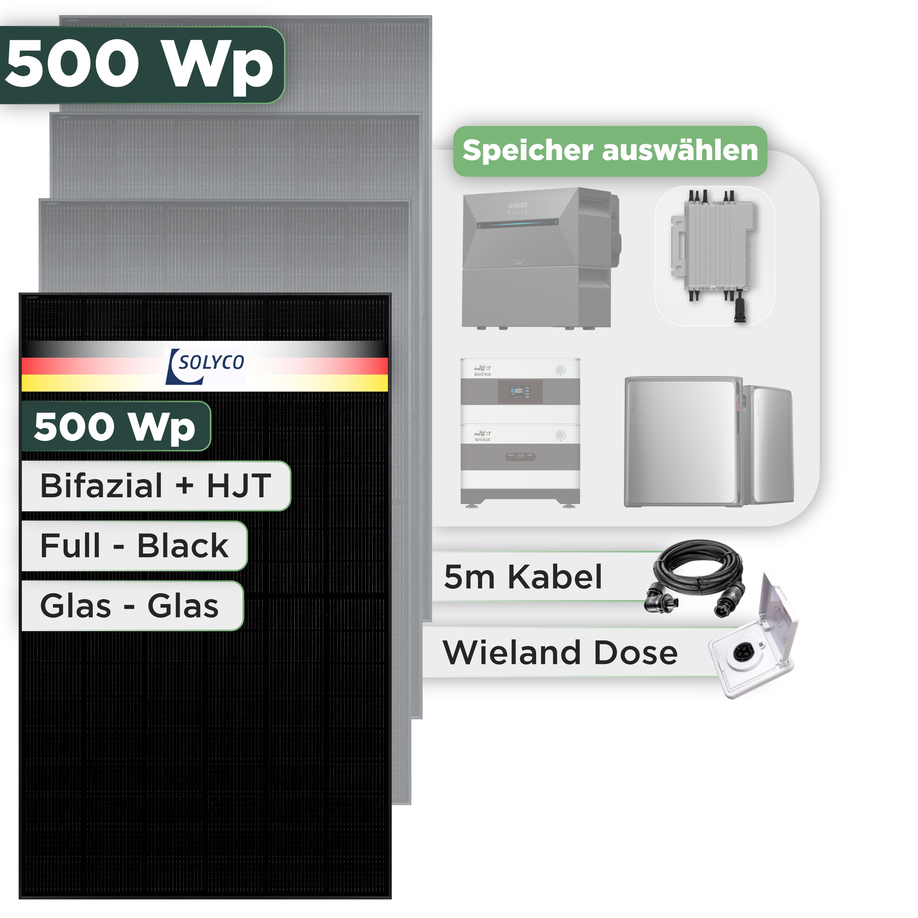 Balkonkraftwerk Set 500 Wp Solyco 500 Wp Glas-Glas Fullblack-Modul Bifazial / 1 Modul / Deye 2000 W / Wieland Stecker + Dose