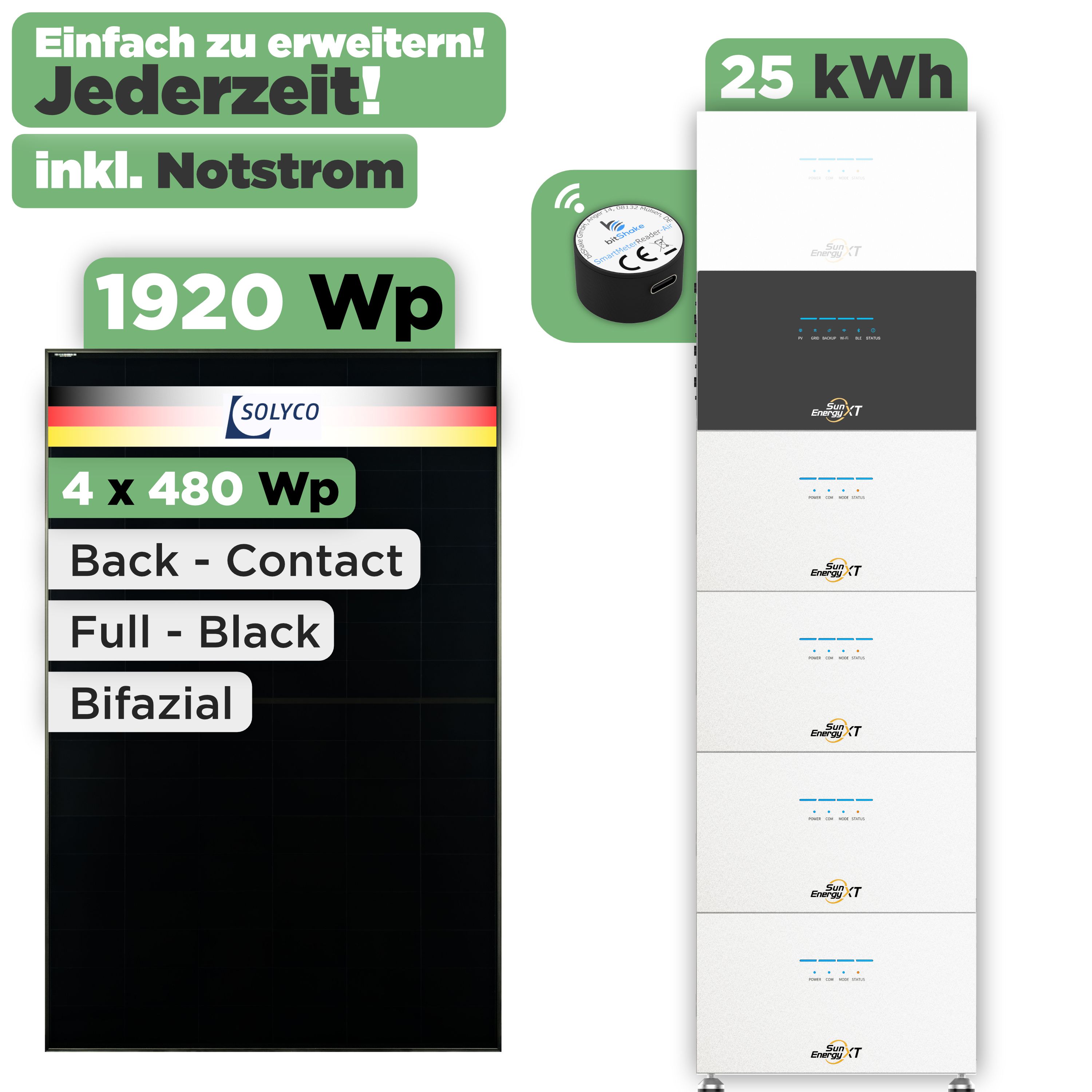 SunEnergyXT 500 Modulset 1920 Wp SunEnergyXT 500 (800 W) / 25 kWh / IR Lesekopf / Solyco 480 Wp / 4 Module