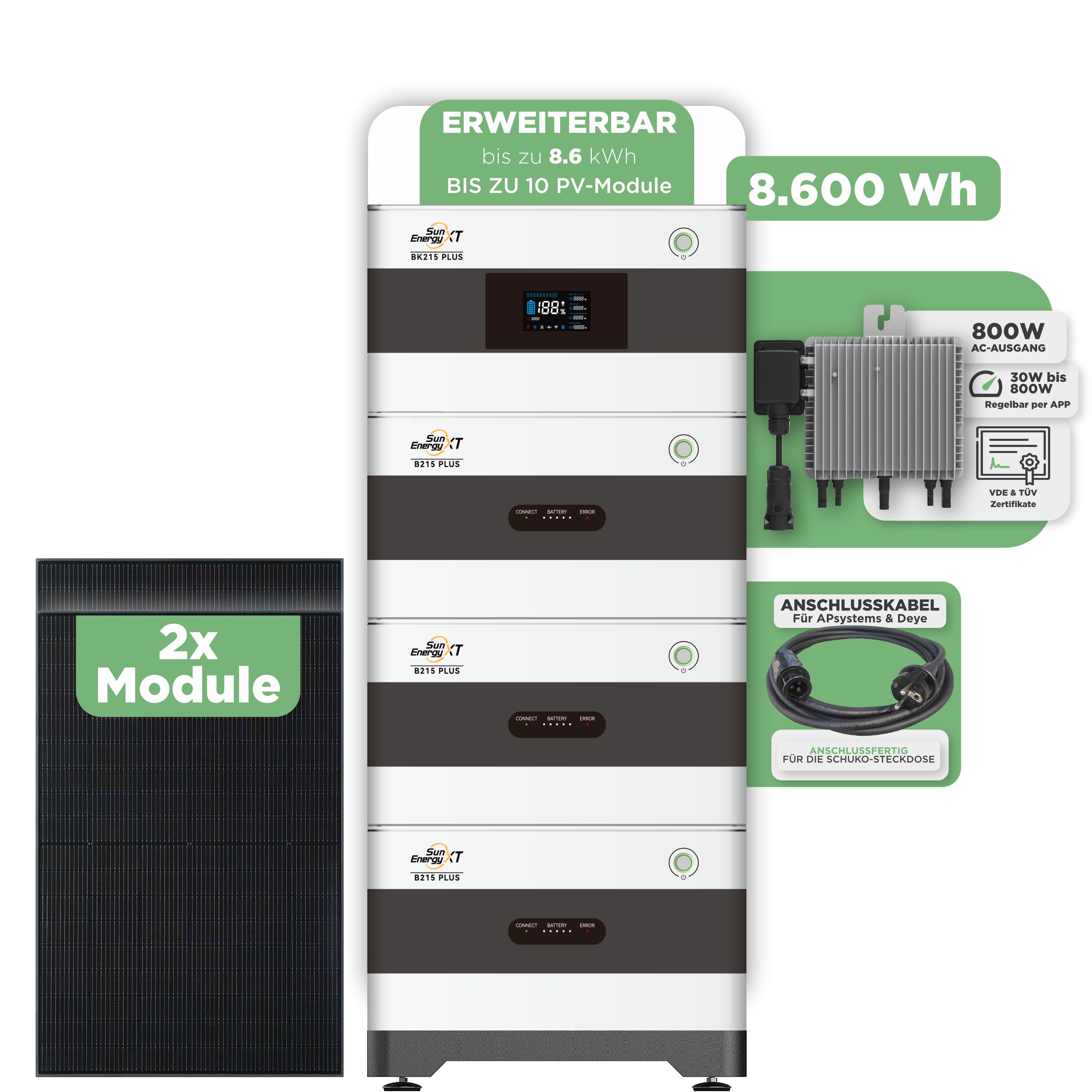 SunEnergyXT BK215 Plus Balkonkraftwerkspeicher 8.600 Wh / 800 W (Deye-SUN-M) / 5 m Schuko Kabel