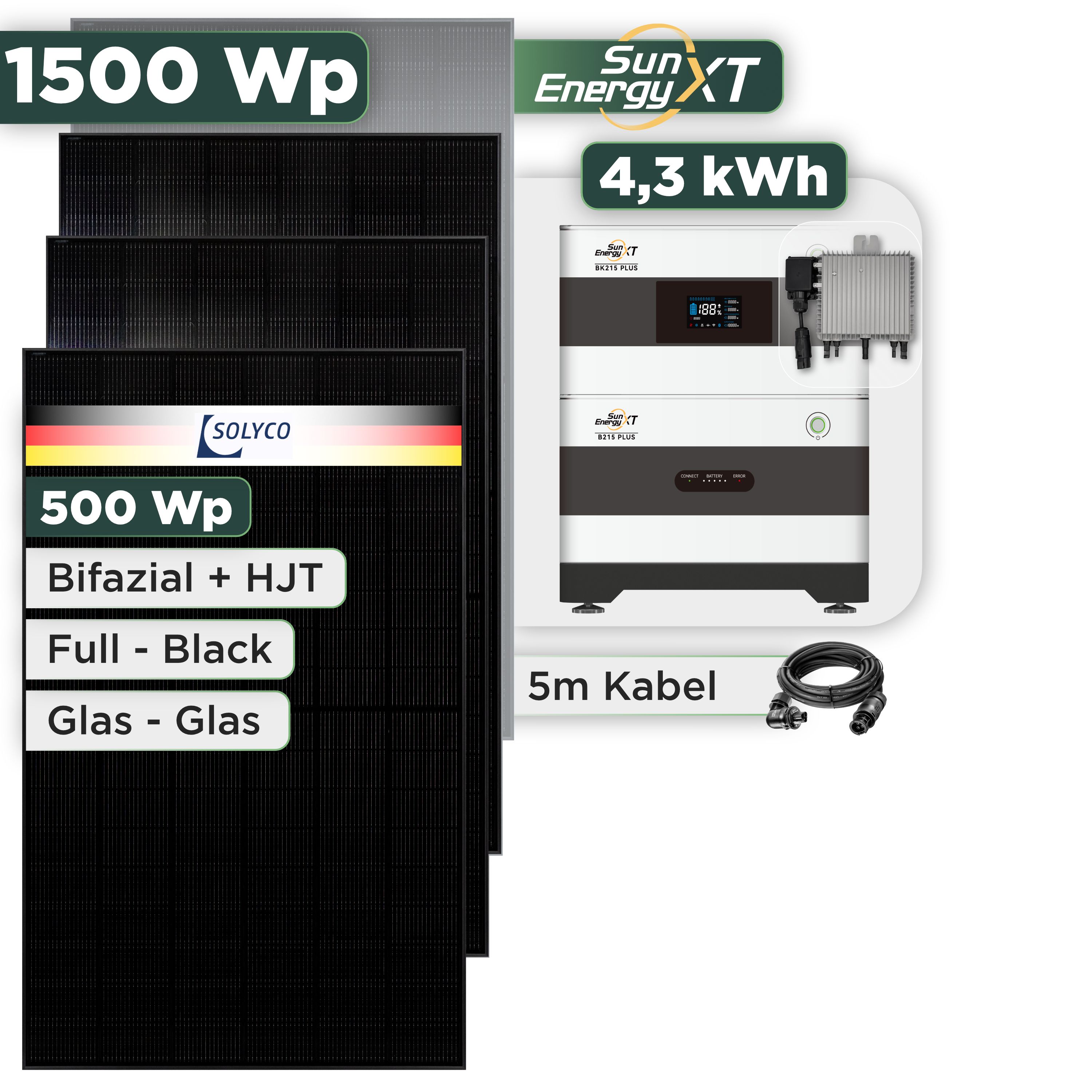 Balkonkraftwerk Set 2000 Wp SunEnergyXT Plus / 4,3 kWh / Solyco 500 Wp Glas-Glas Fullblack-Modul Bifazial / 4 Module / Deye 800 W / Wieland Stecker