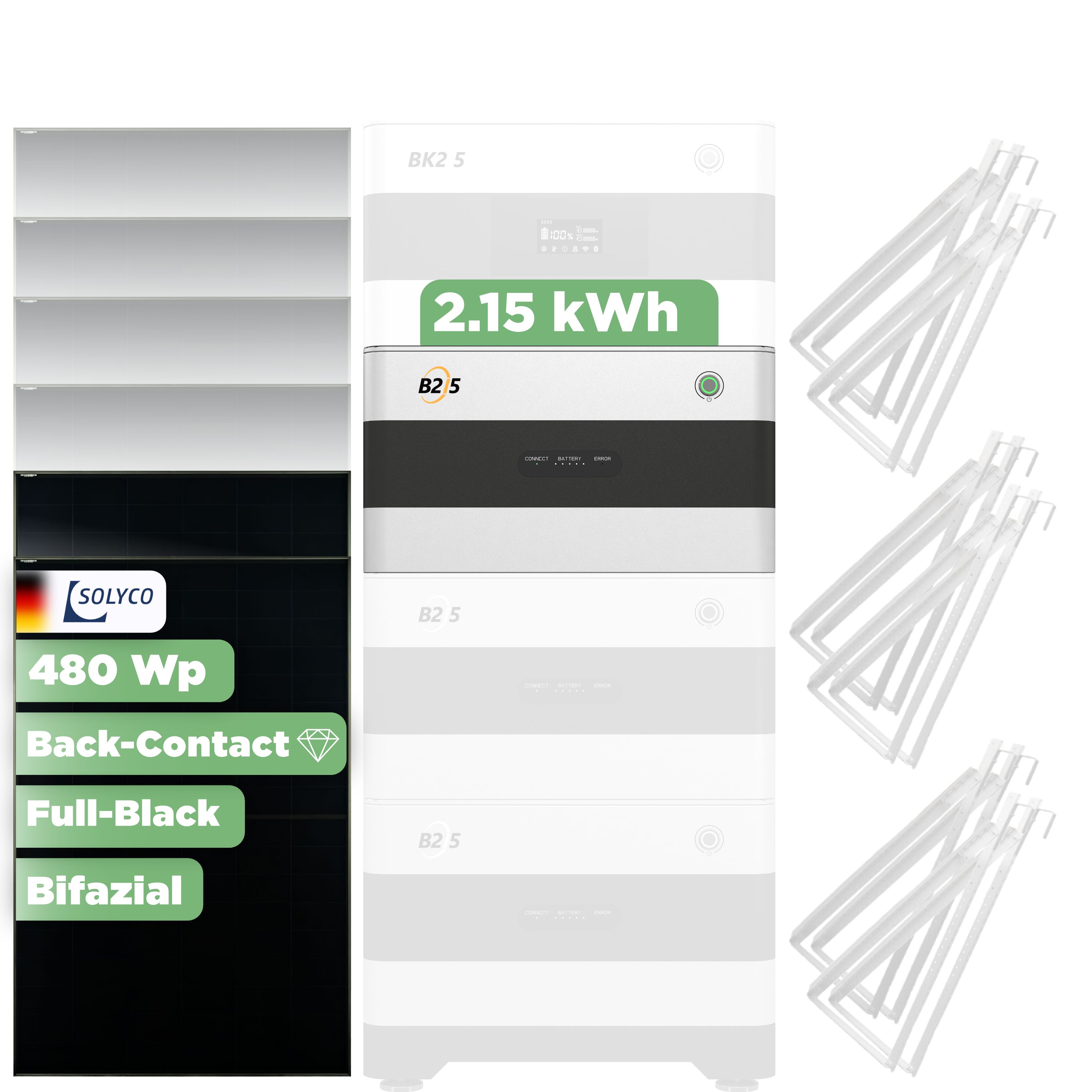 SunEnergyXT Erweiterungsset 960 Wp — 2.150 Wh / Solyco 480 Wp Glas-Glas Fullblack Back Contact Modul  / 2 Module
