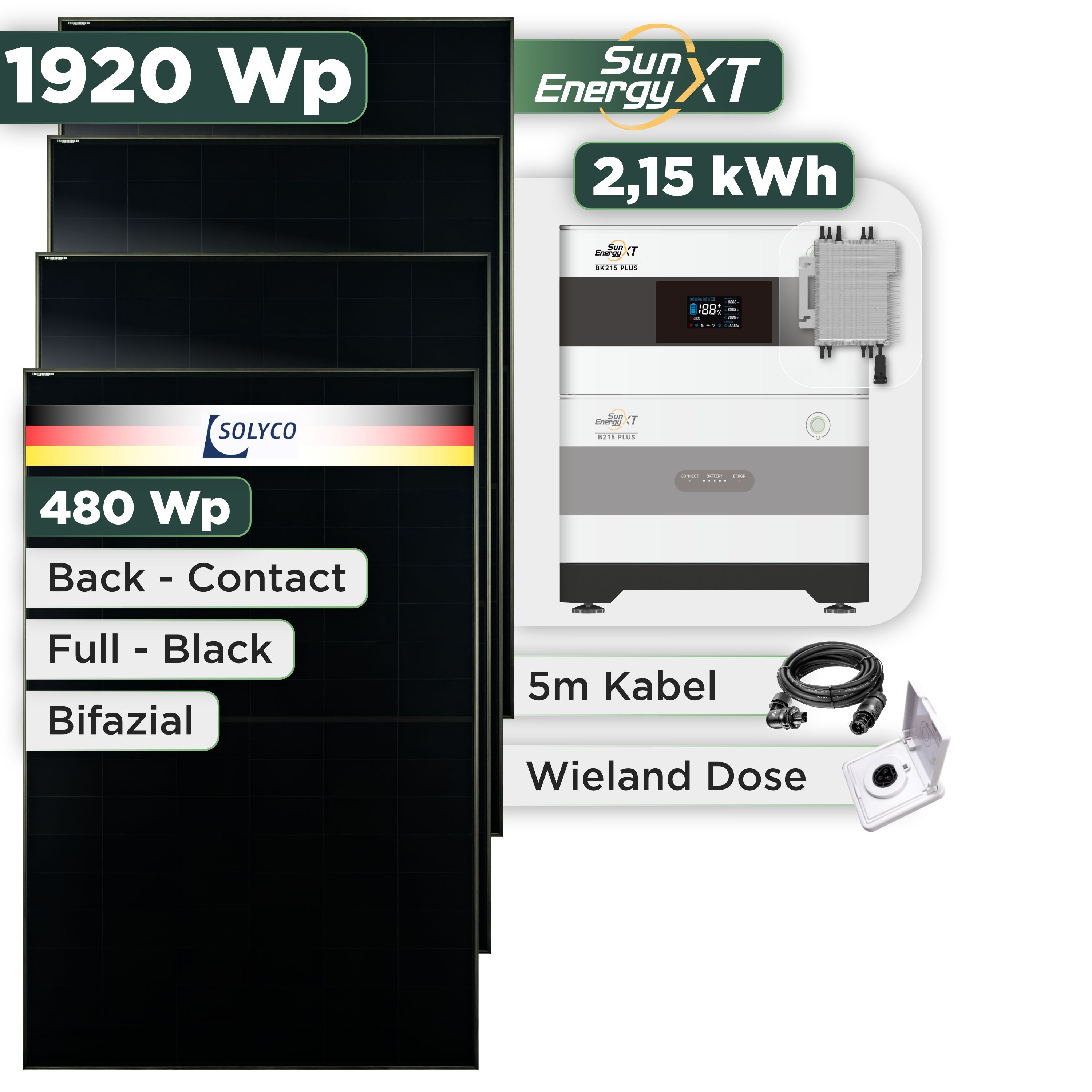 Balkonkraftwerk Set 1920 Wp SunEnergyXT Plus / 2,15 kWh / Solyco 480 Wp Glas-Glas Fullblack Back Contact Modul / 4 Module / Deye 2000 W / Wieland Stecker + Dose