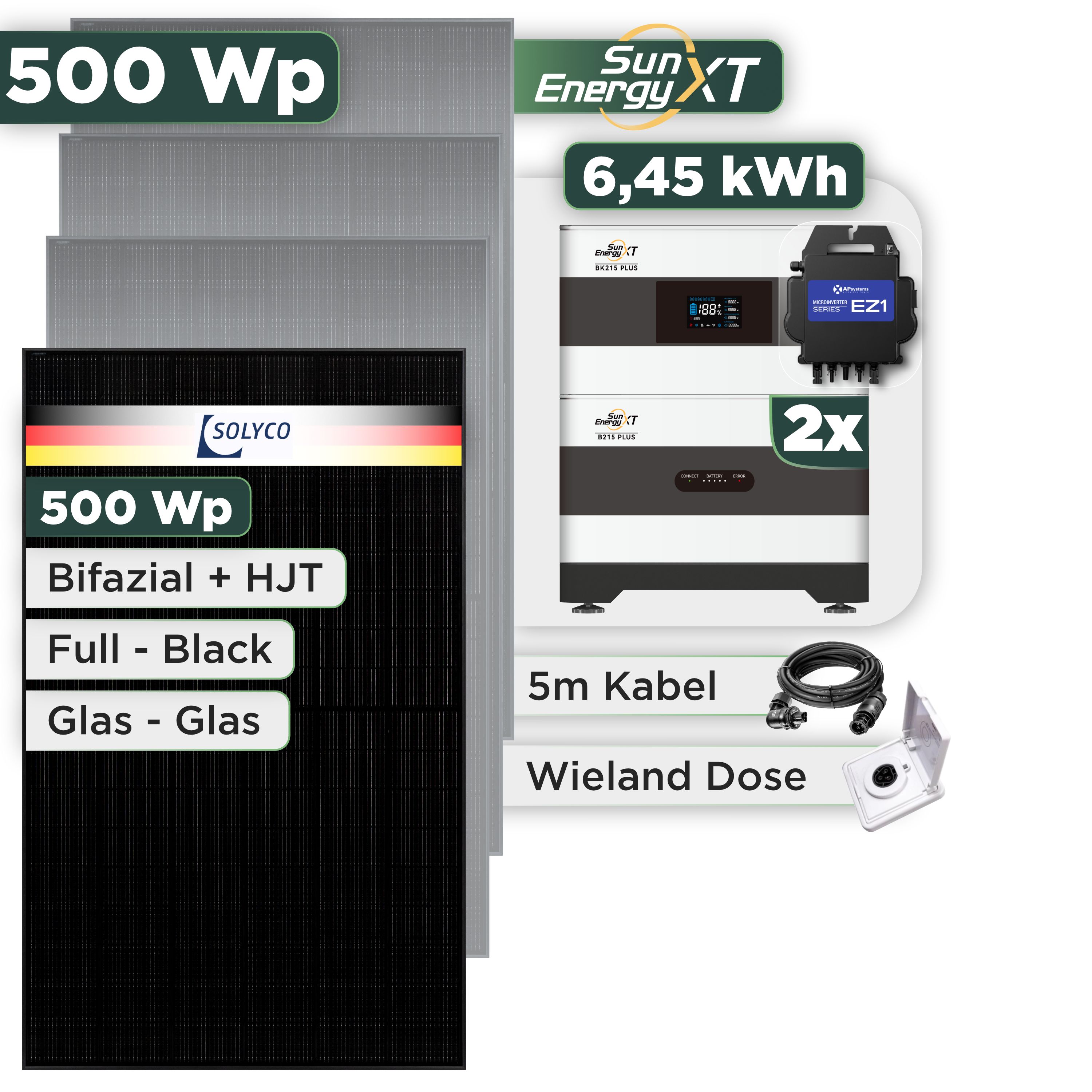 Balkonkraftwerk Set 500 Wp SunEnergyXT Plus / 6,45 kWh / Solyco 500 Wp Glas-Glas Fullblack-Modul Bifazial / 1 Modul / APSystems EZ1-M (bis 800 W) / Wieland Stecker + Dose