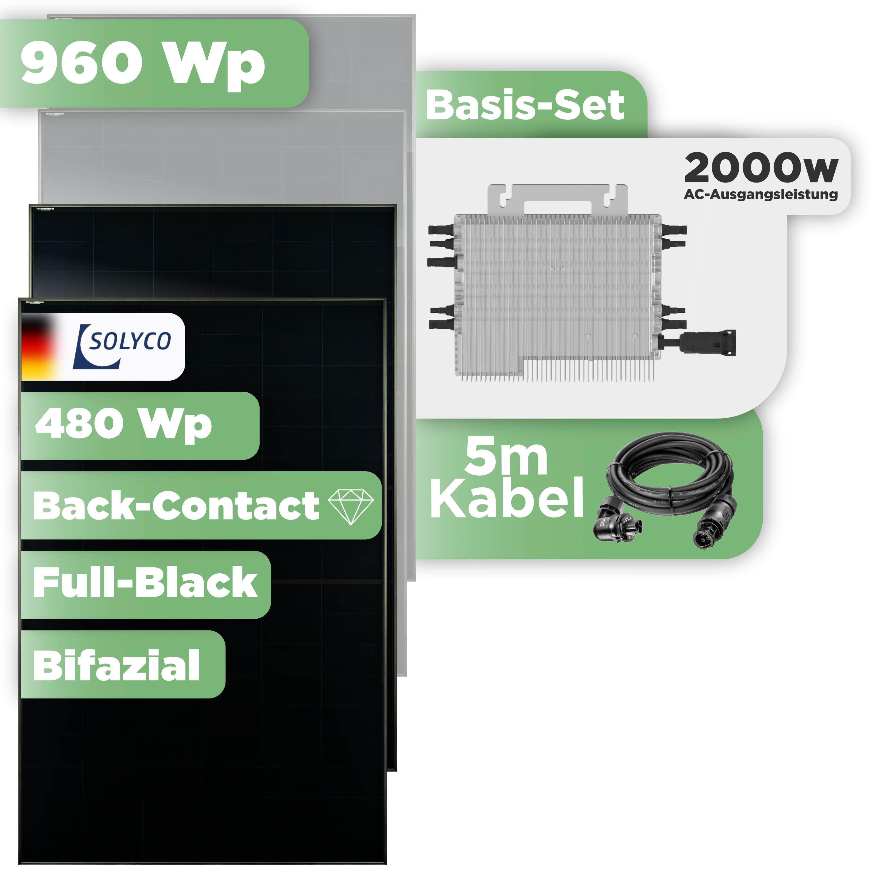 Balkonkraftwerk Basic Set 960 Wp Solyco 480 Wp Glas-Glas Fullblack Back Contact Modul / 2 Module / Deye 2000 W / Wieland Stecker