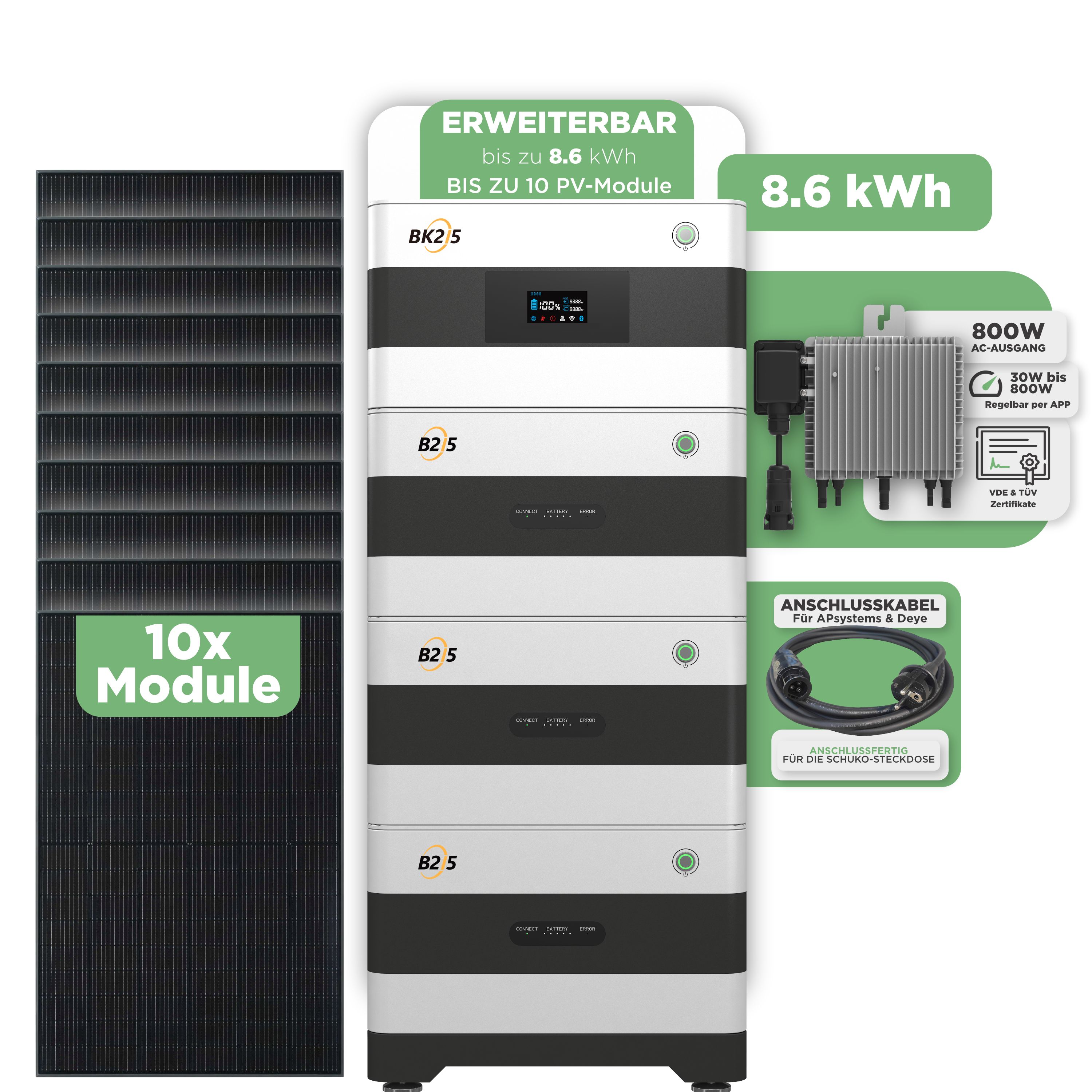 SunEnergyXT Balkonkraftwerkspeicher — 8.600 Wh / 800 W (Deye-SUN-M) / 20 m Schuko Kabel / 10 x Trina 440 Wp Bifazial