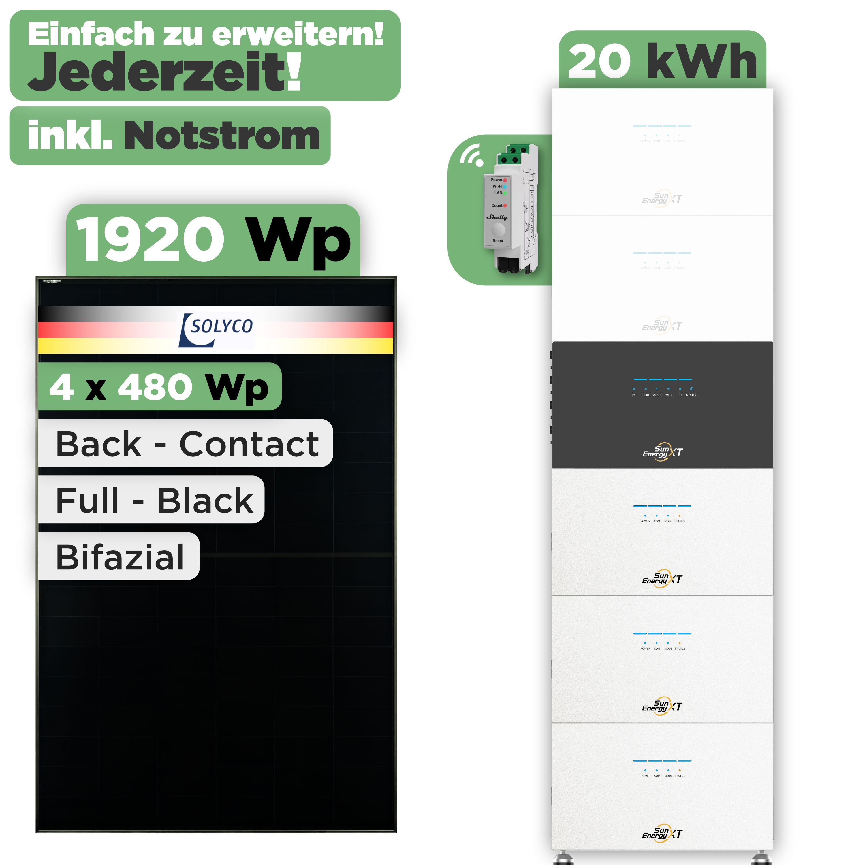 SunEnergyXT 500 Modulset 1920 Wp SunEnergyXT 500 Pro (2400 W) / 20 kWh / Shelly 3EM Pro / Solyco 480 Wp / 4 Module