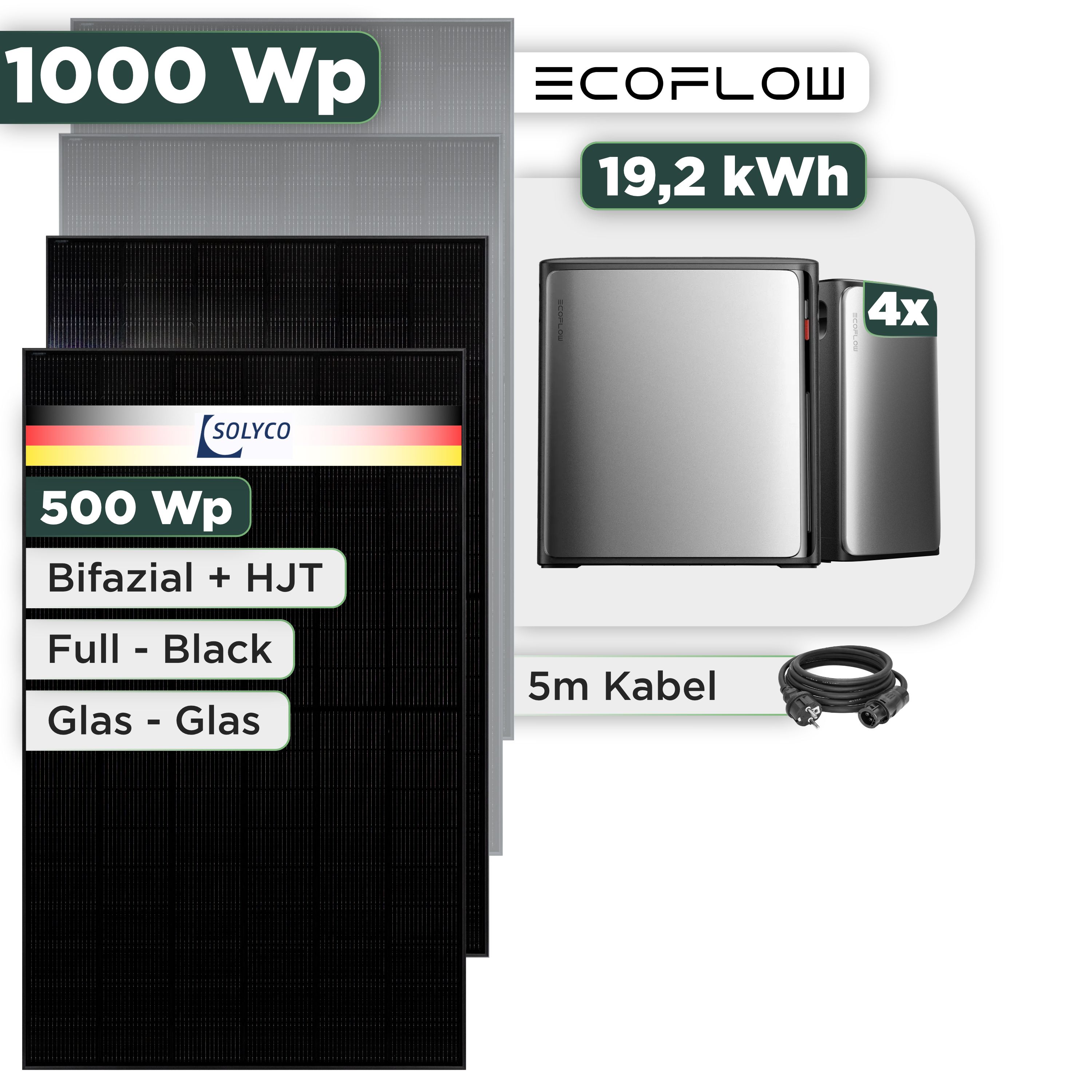 Balkonkraftwerk Set 1000 Wp Ecoflow Stream Ultra X / 19,2 kWh / Solyco 500 Wp Glas-Glas Fullblack-Modul Bifazial / 2 Module / Schuko Stecker / 1,5 m