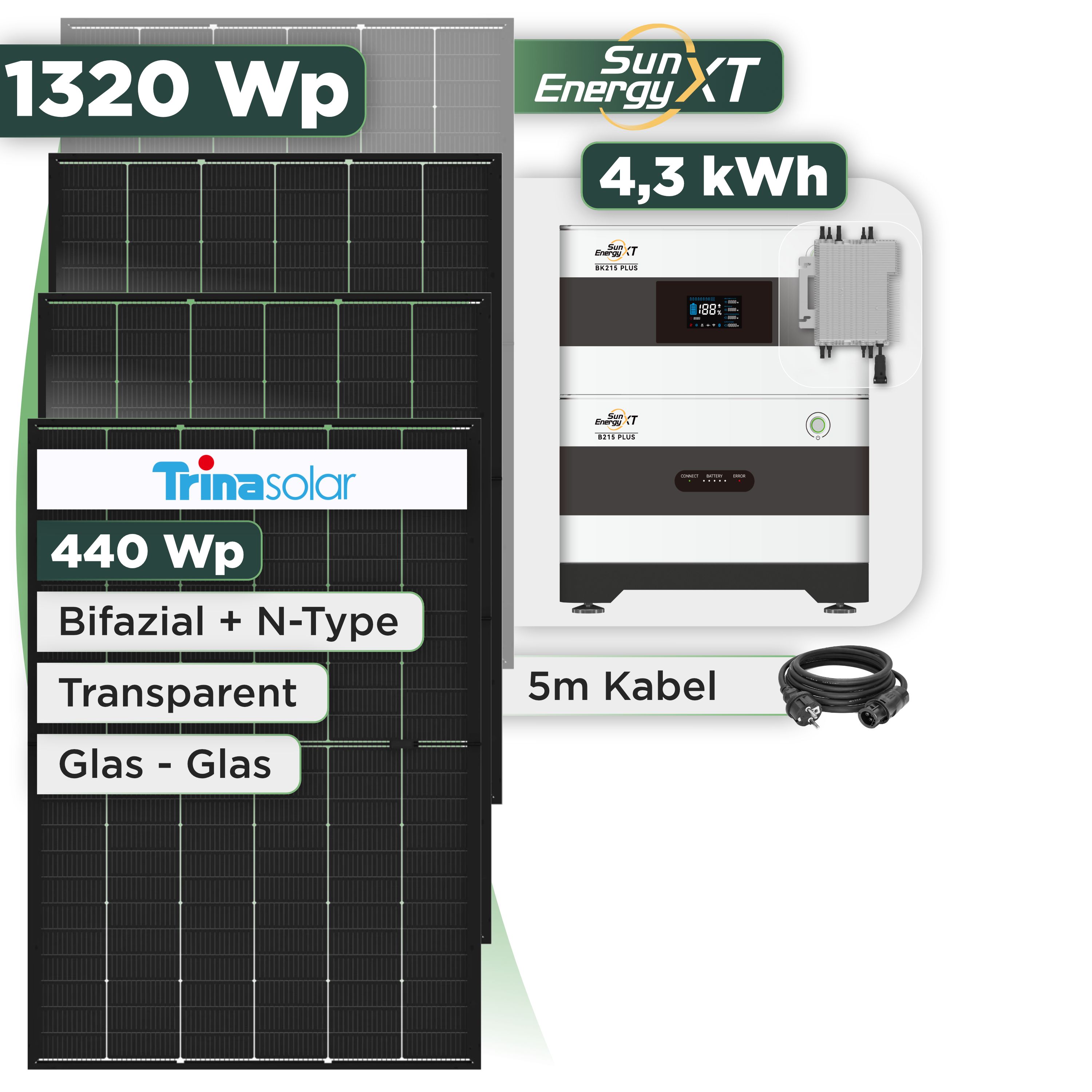 Balkonkraftwerk Set 1320 Wp SunEnergyXT Plus / 4,3 kWh / Trina 440 Wp Glas-Glas Bifazial Modul / 3 Module / Deye 2000 W / Schuko Stecker