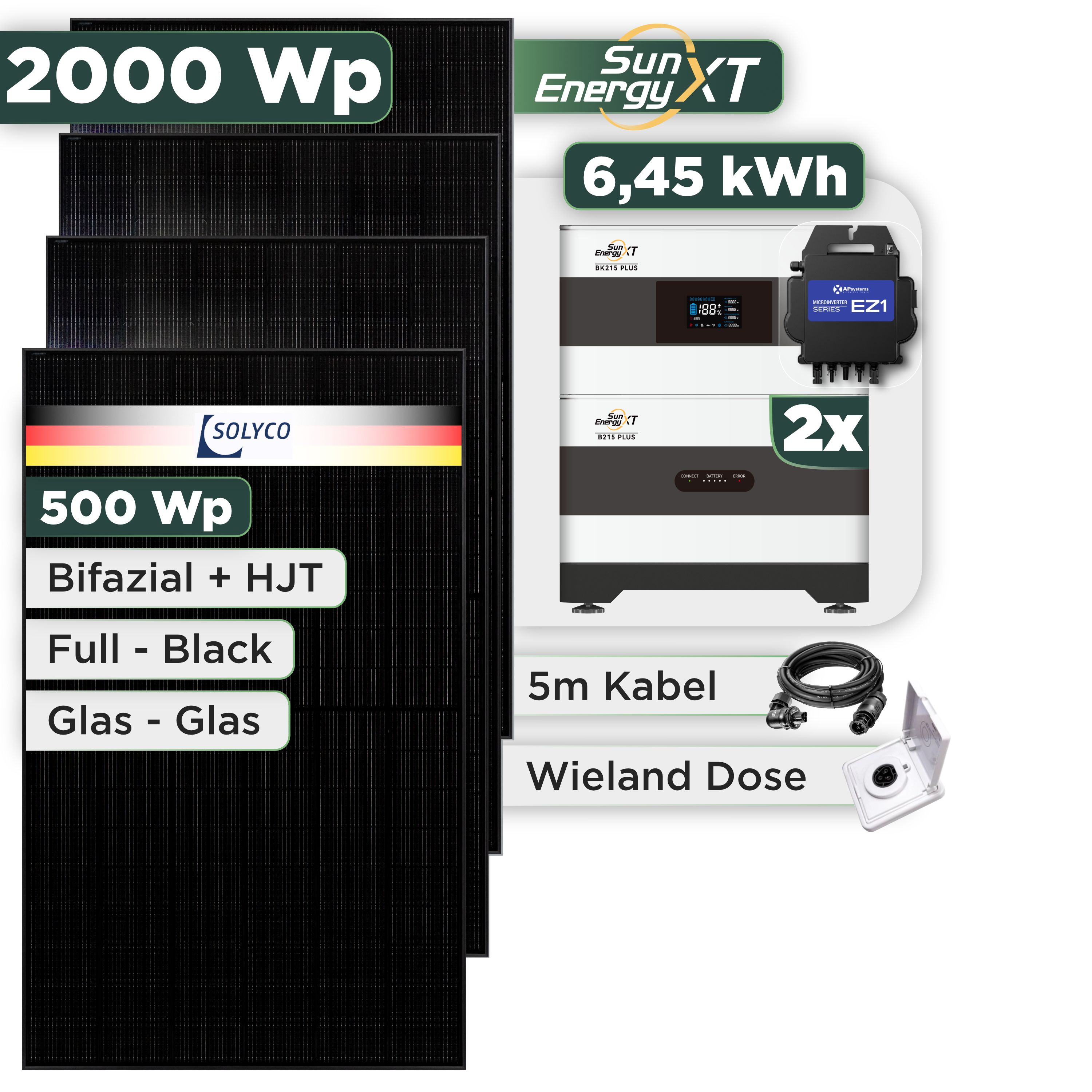 Balkonkraftwerk Set 2000 Wp SunEnergyXT Plus / 6,45 kWh / Solyco 500 Wp Glas-Glas Fullblack-Modul Bifazial / 4 Module / APSystems EZ1-M (bis 800 W) / Wieland Stecker + Dose
