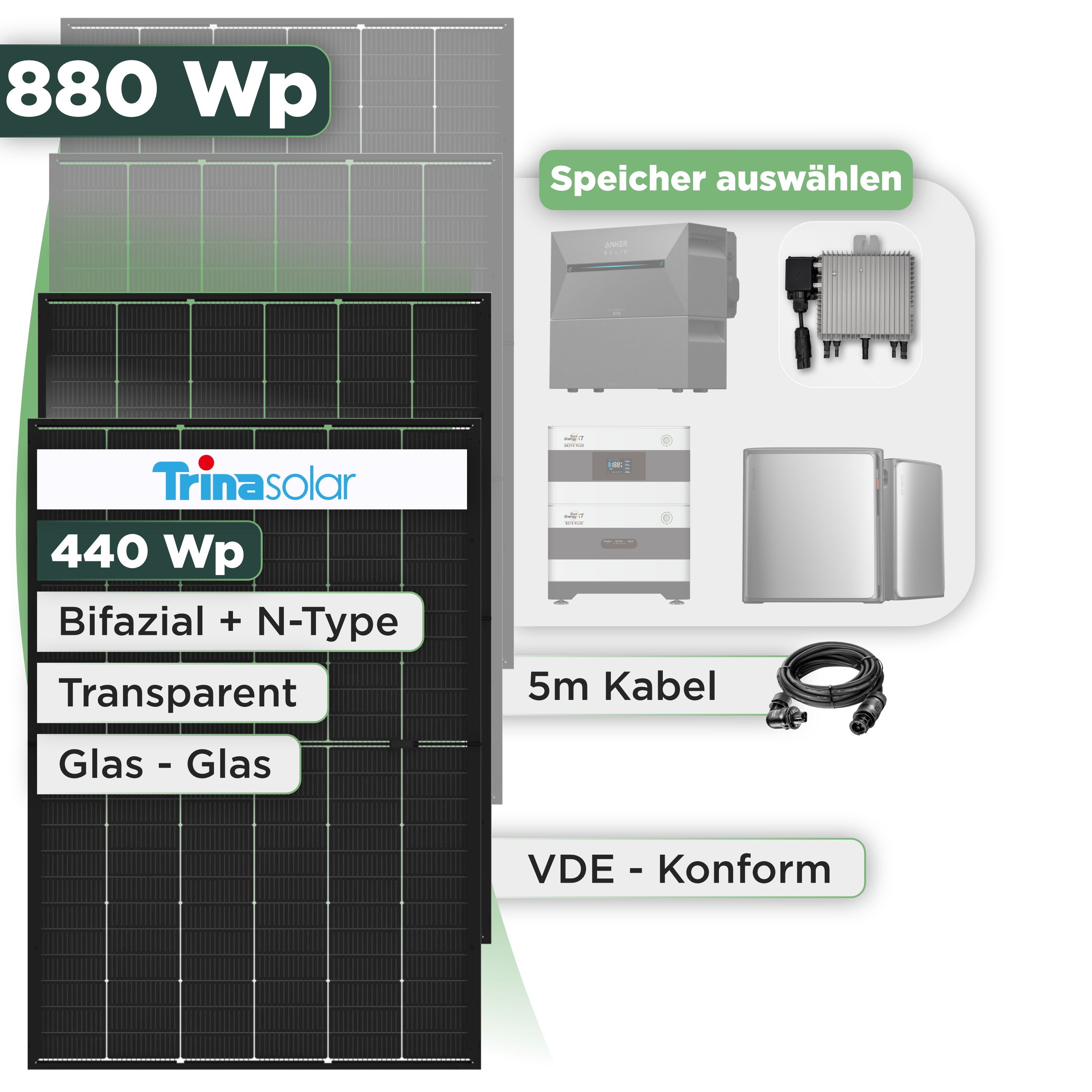 Balkonkraftwerk Set 880 Wp Trina 440 Wp Glas-Glas Bifazial Modul / 2 Module / Deye 800 W / Wieland Stecker