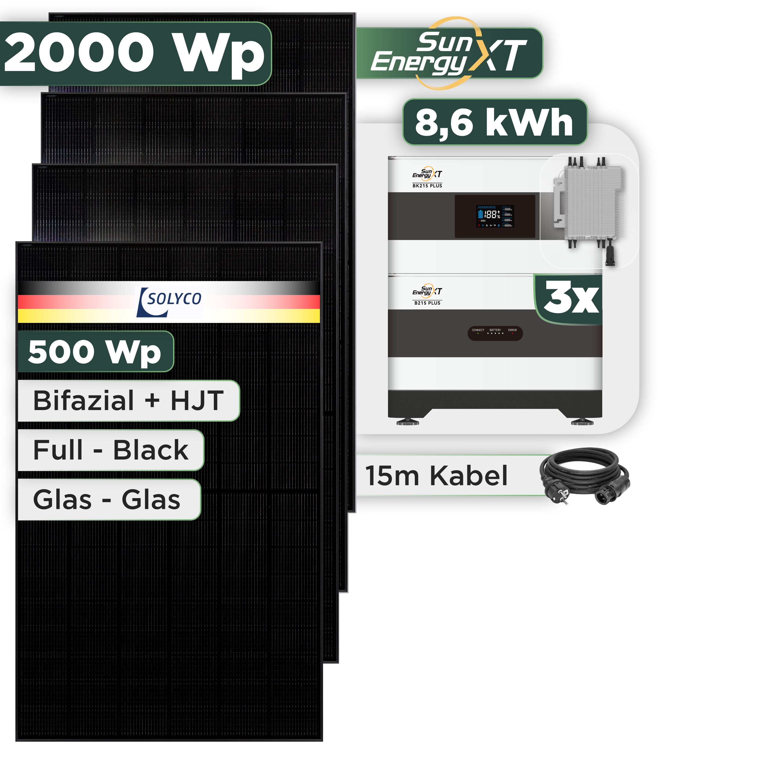 Balkonkraftwerk Set 2000 Wp — SunEnergyXT Plus / 8,6 kWh / Solyco 500 Wp Glas-Glas Fullblack-Modul Bifazial / 4 Module / Deye 2000 W / Schuko Stecker / 15 m